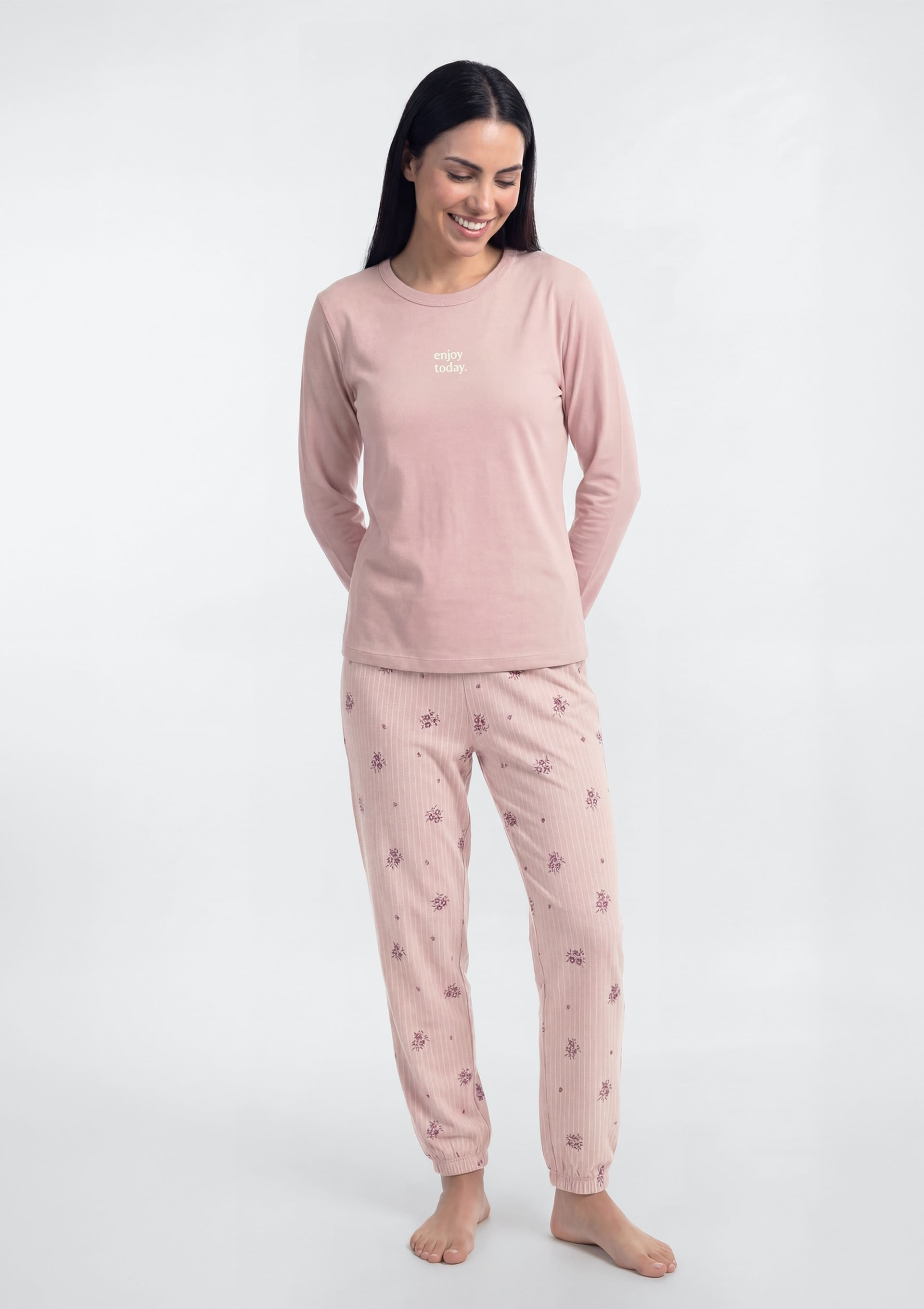 Pijama Longo Feminino Estampado - Rosa