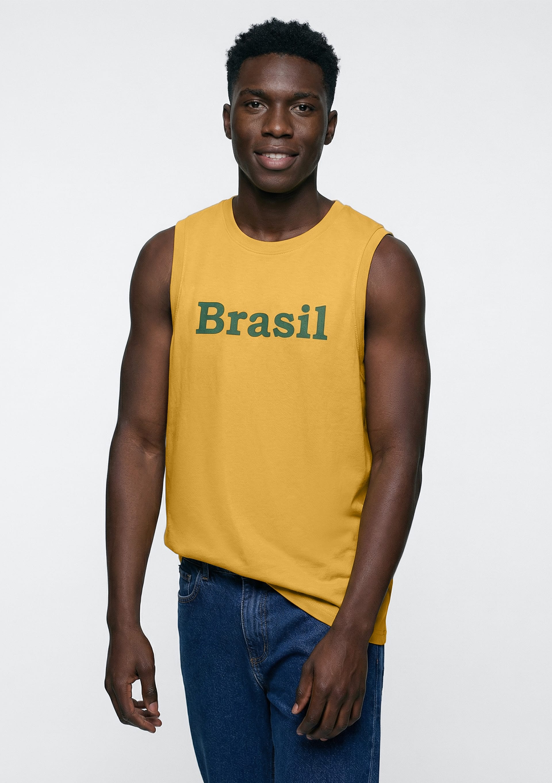 Regata Masculina Em Malha Com Estampa Drop Brasil - Amarelo