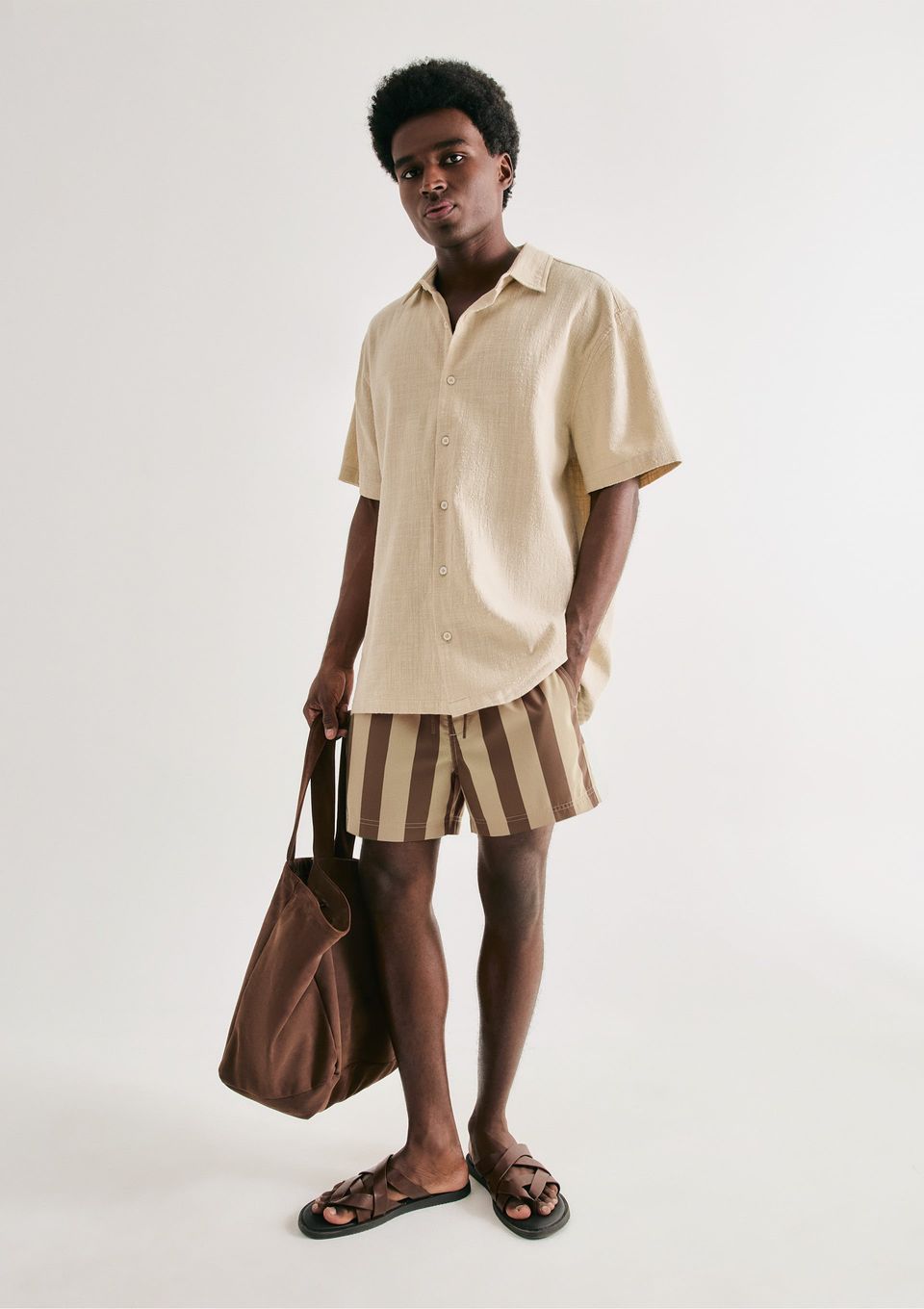 Shorts de Banho Masculino Listrado - Marrom