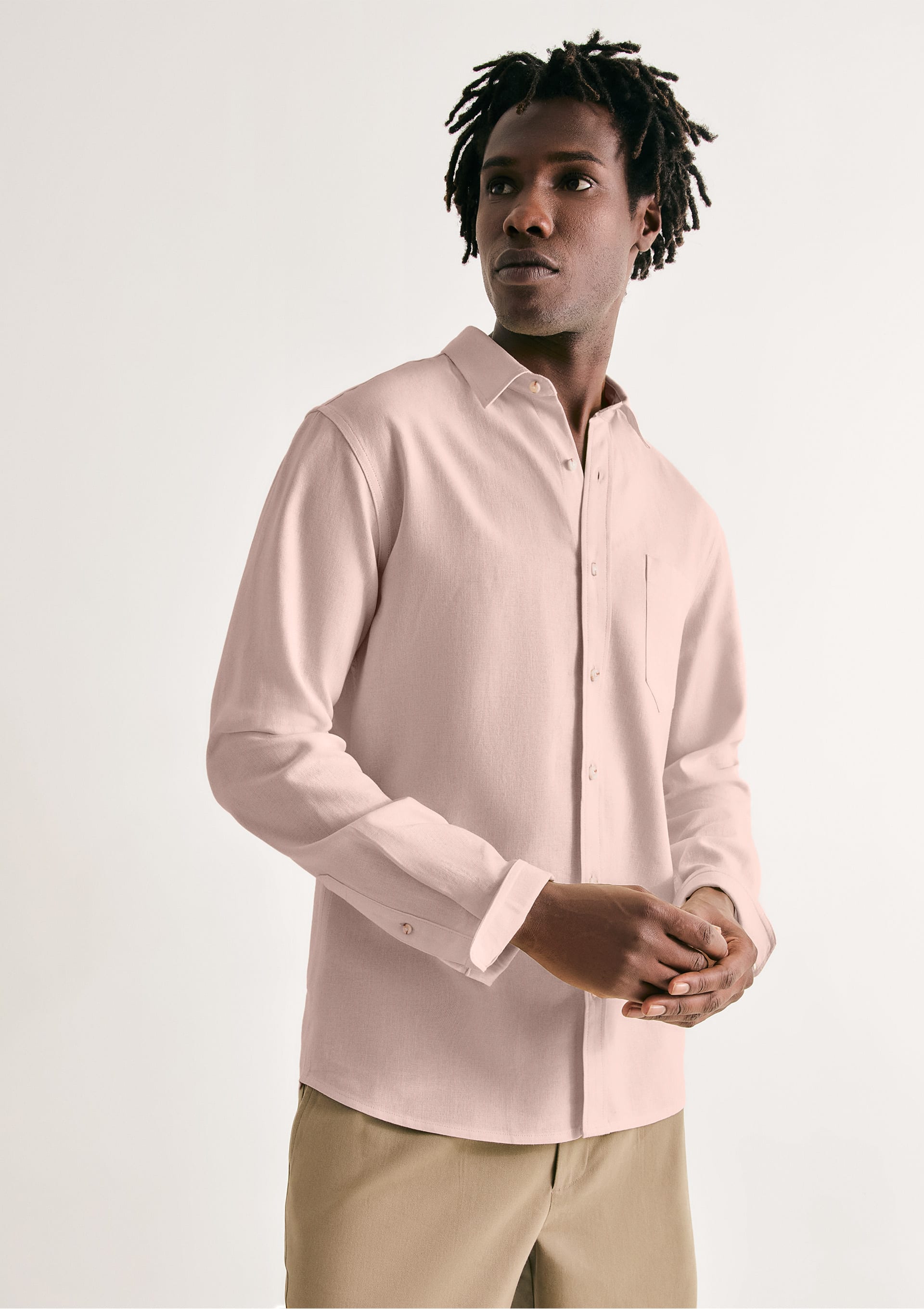 Camisa Básica Masculina Manga Longa Em Linho - Rosa