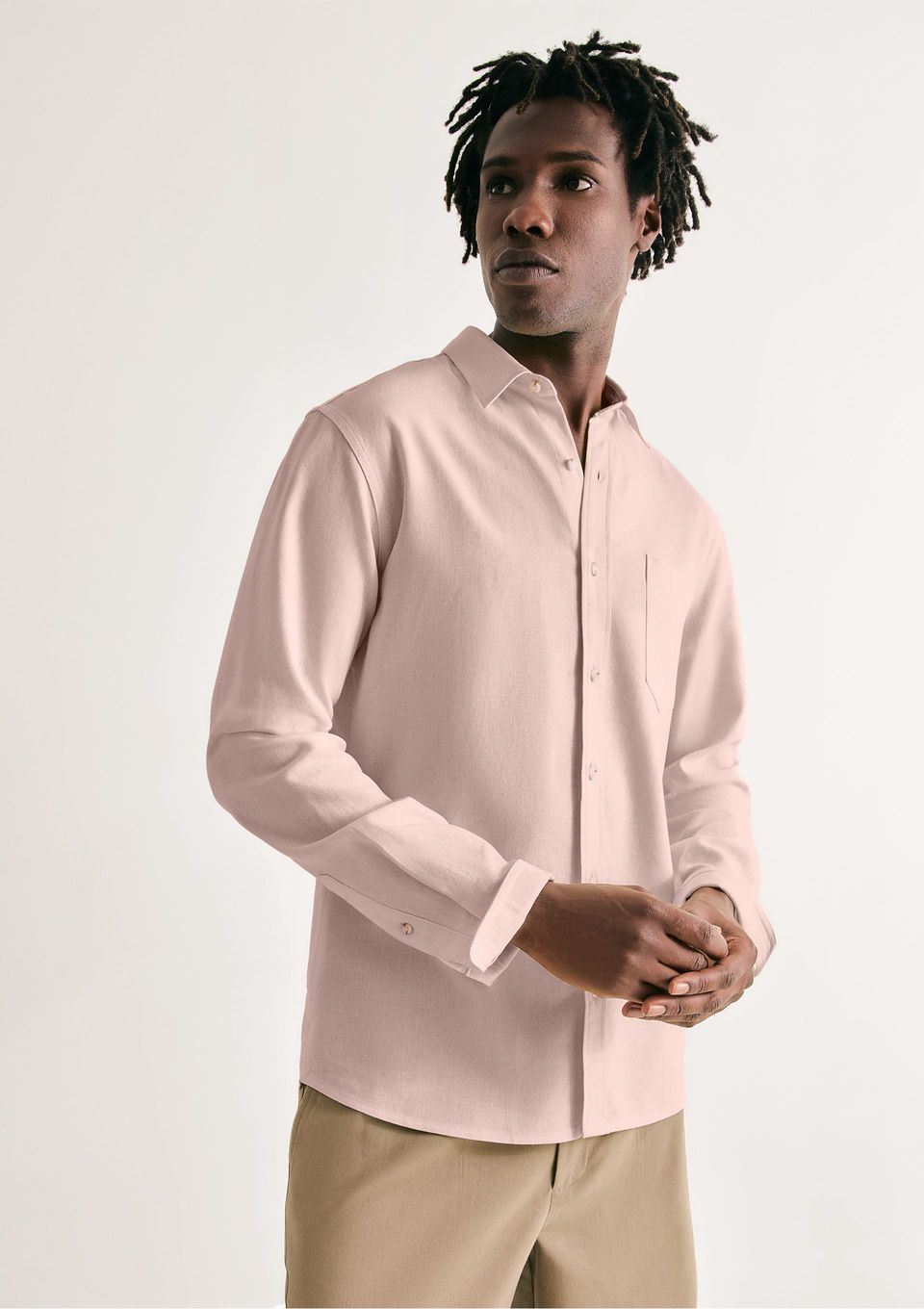 Camisa Básica Masculina Manga Longa em Linho - Rosa