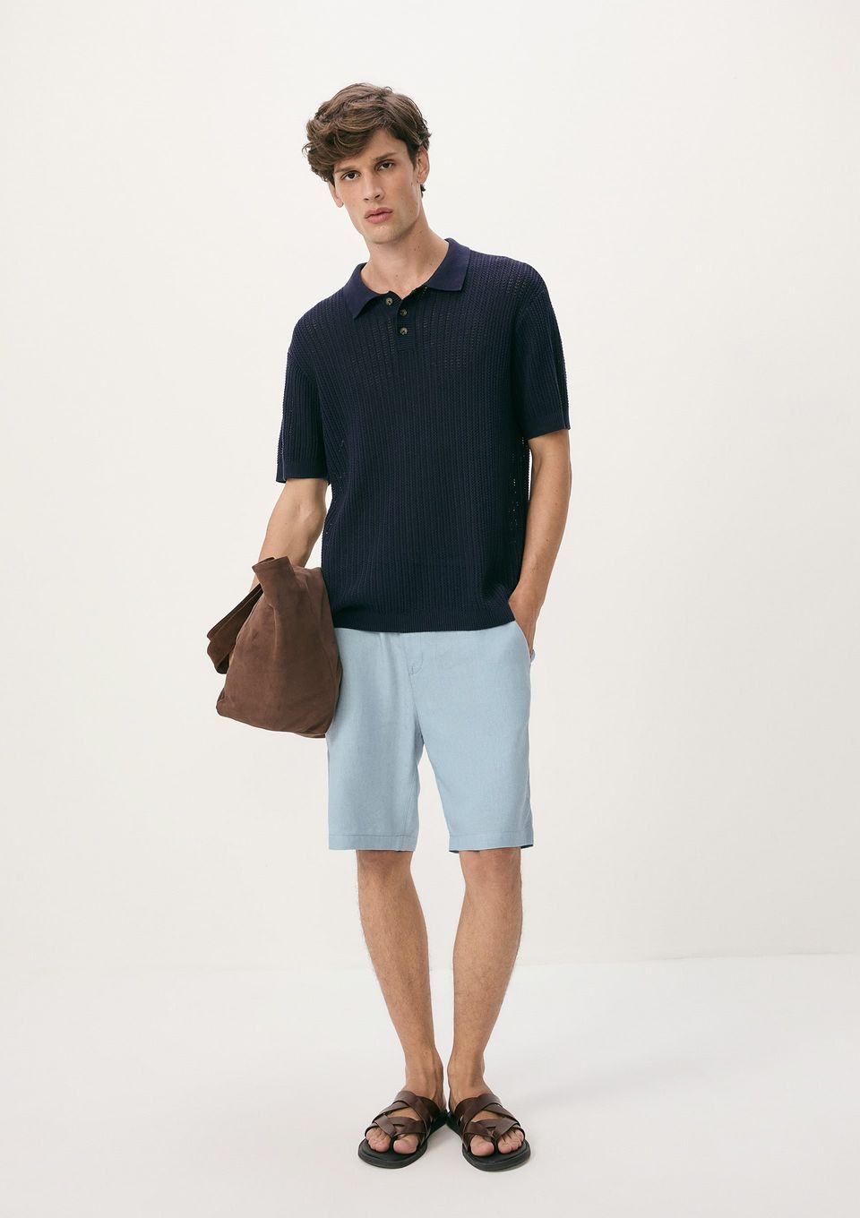 Bermuda Básica Masculina Chino em Linho - Azul