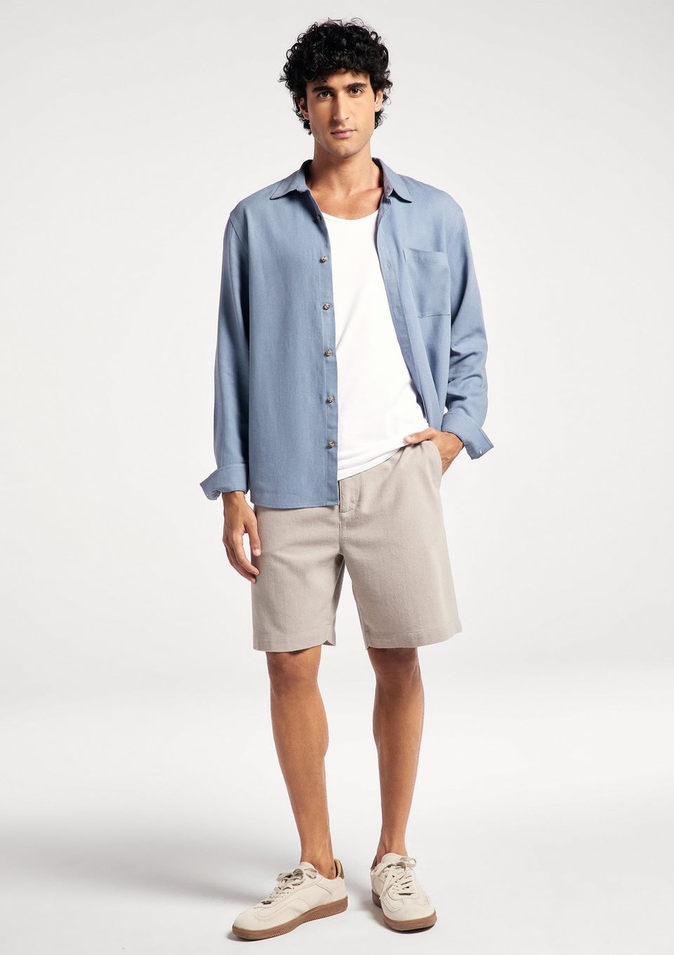 Camisa Básica Masculina Manga Longa Slim em Linho - Azul