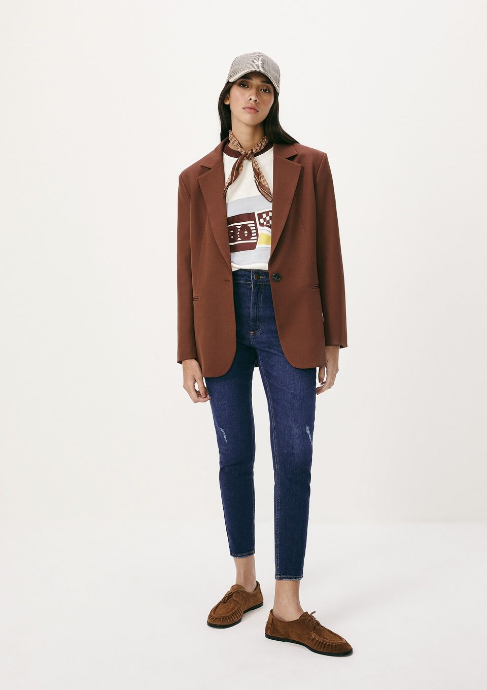 Calça Jeans Básica Feminina Cintura Média Skinny com Puídos - Azul