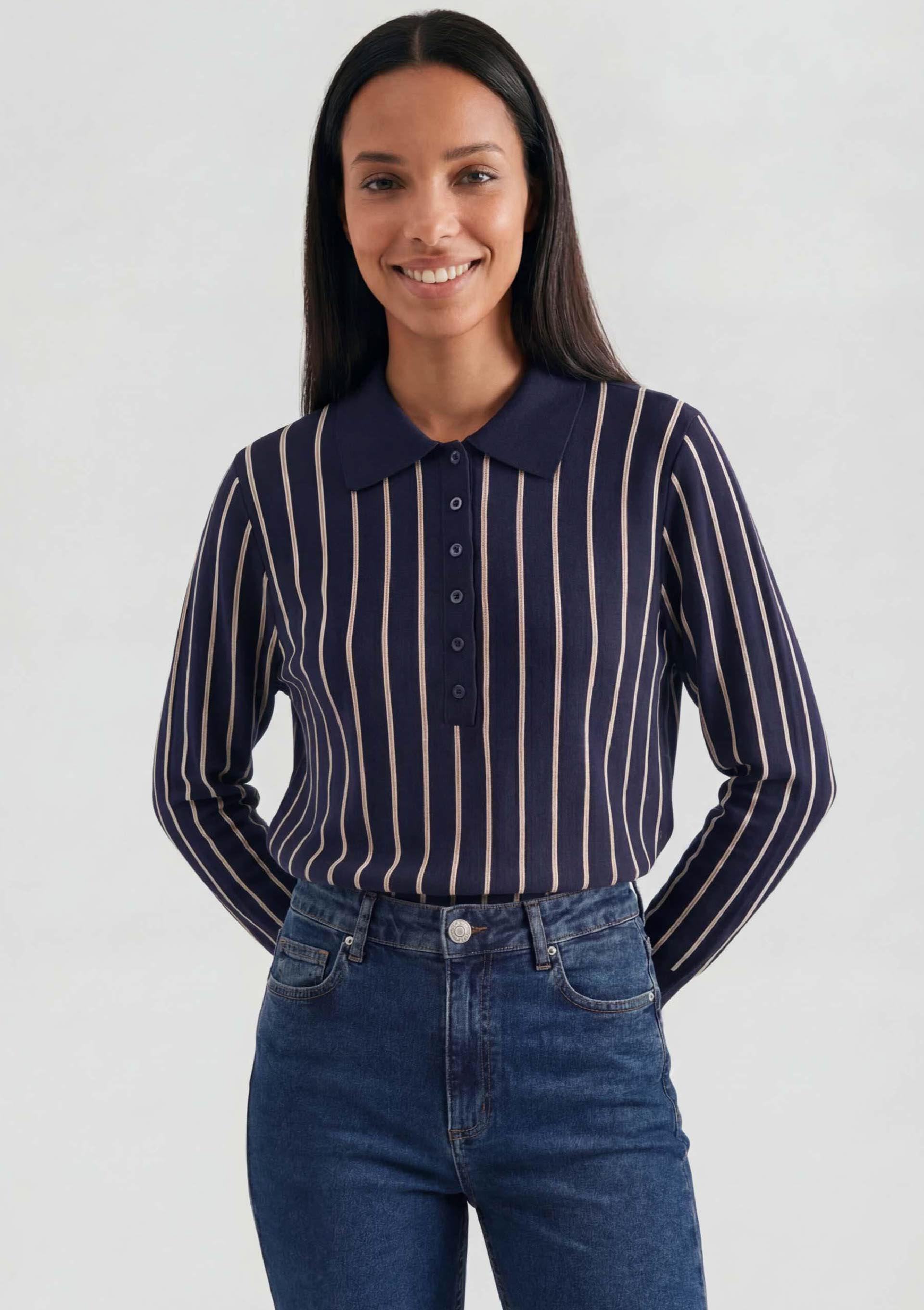Polo Feminina Em Tricô Fio Tinto Listrado - Azul