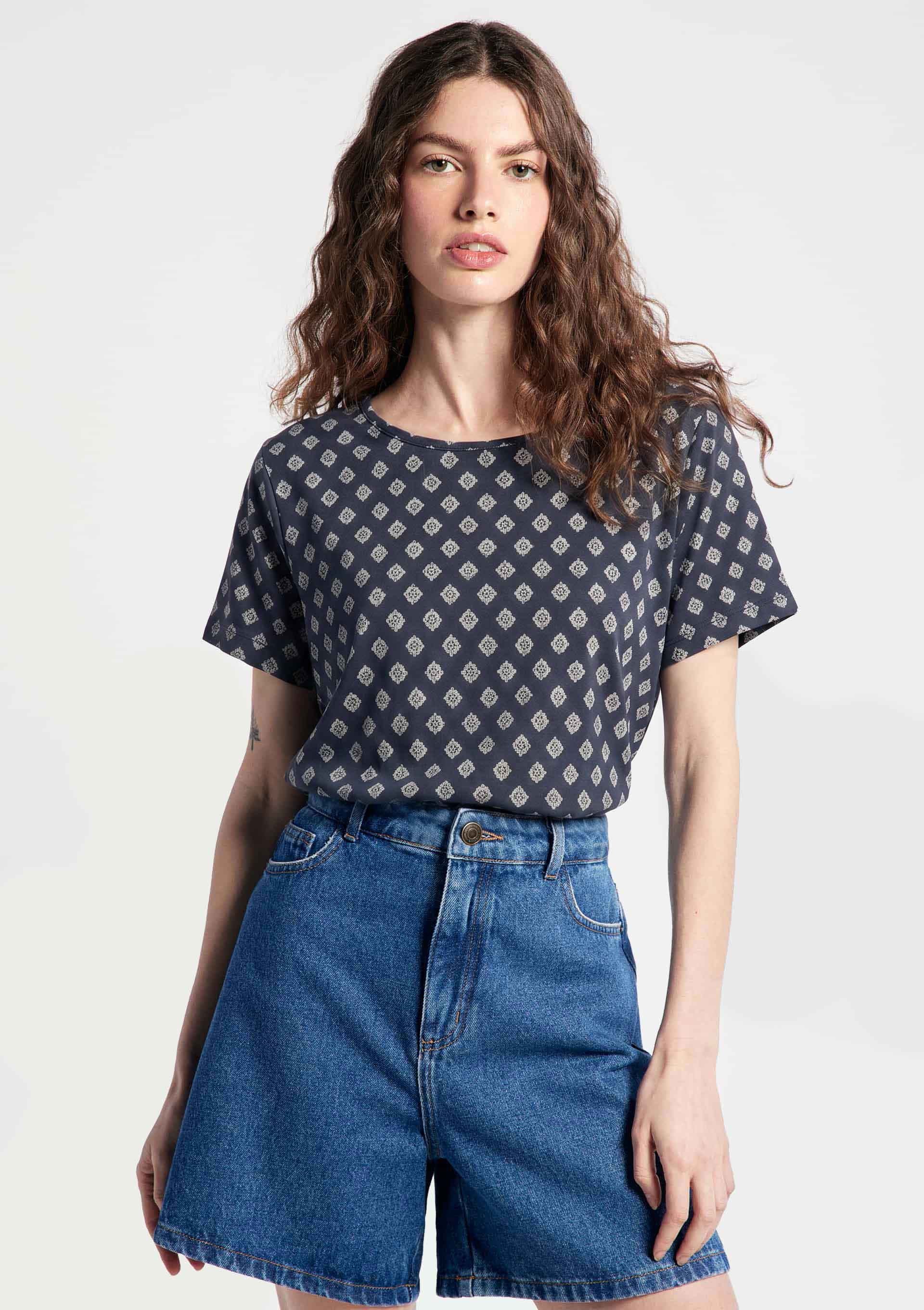 Blusa Feminina Manga Curta Estampada - Azul