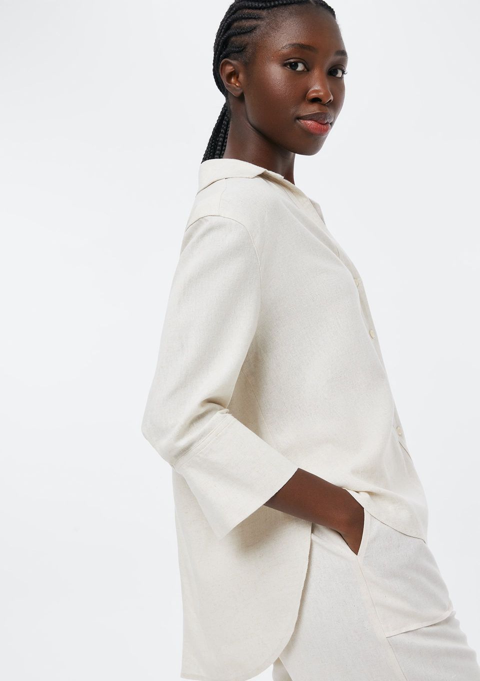 Camisa Feminina Manga 7/8 com Linho - Off White