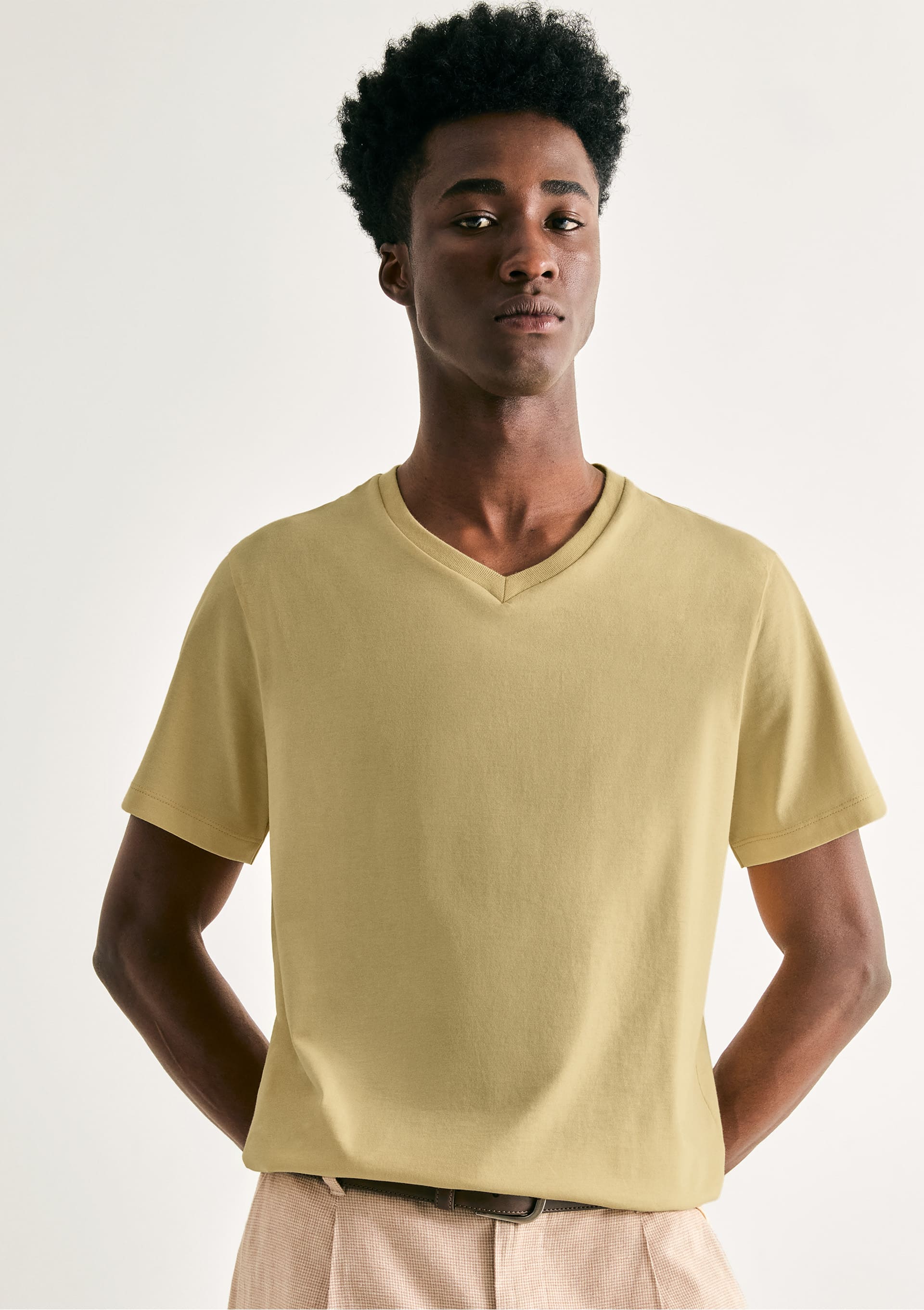Camiseta Básica Masculina Slim Gola V Em Malha Flamê - Verde