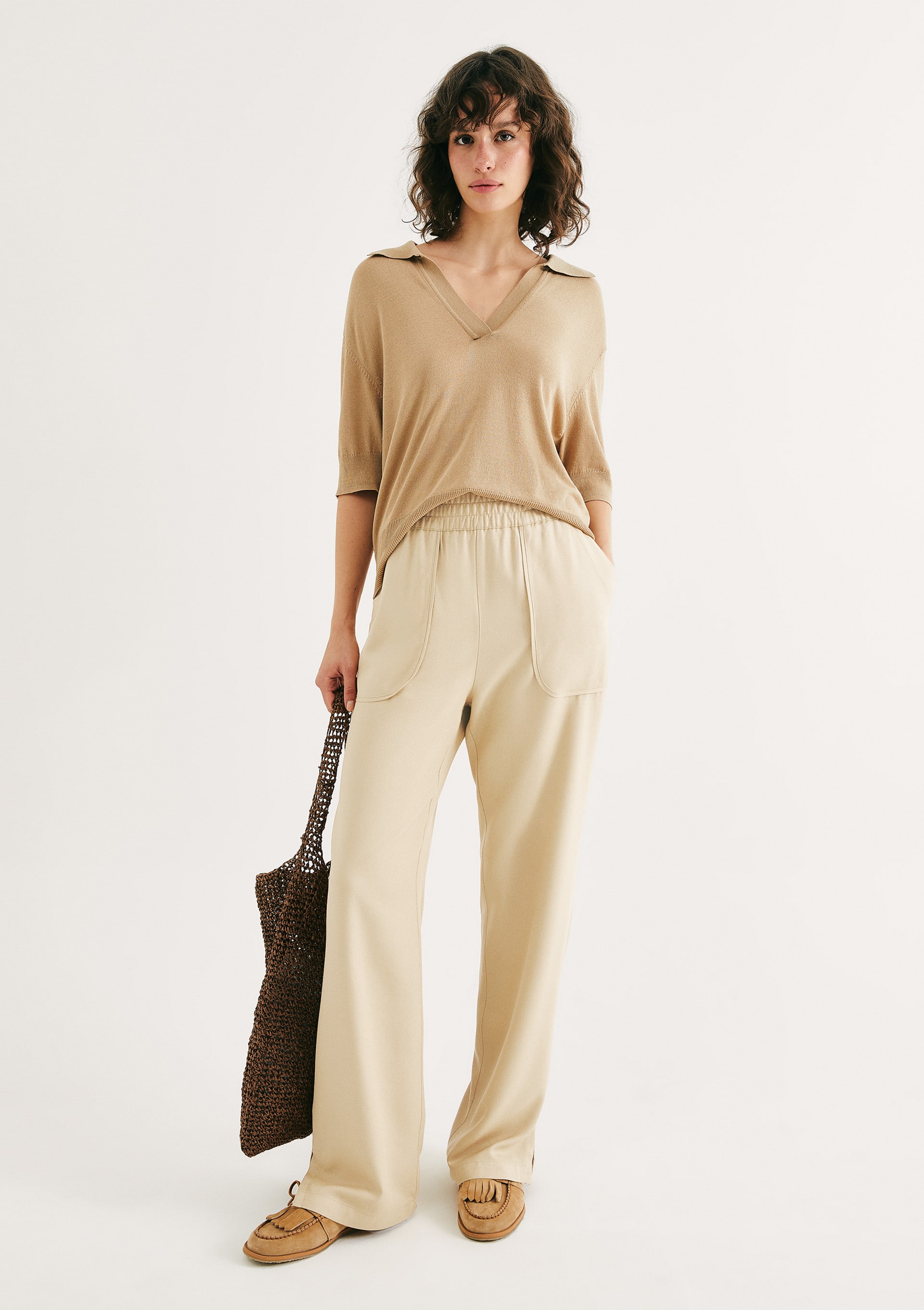 Calça Feminina Carrot Cintura Alta Em Viscose Creponada - Creme