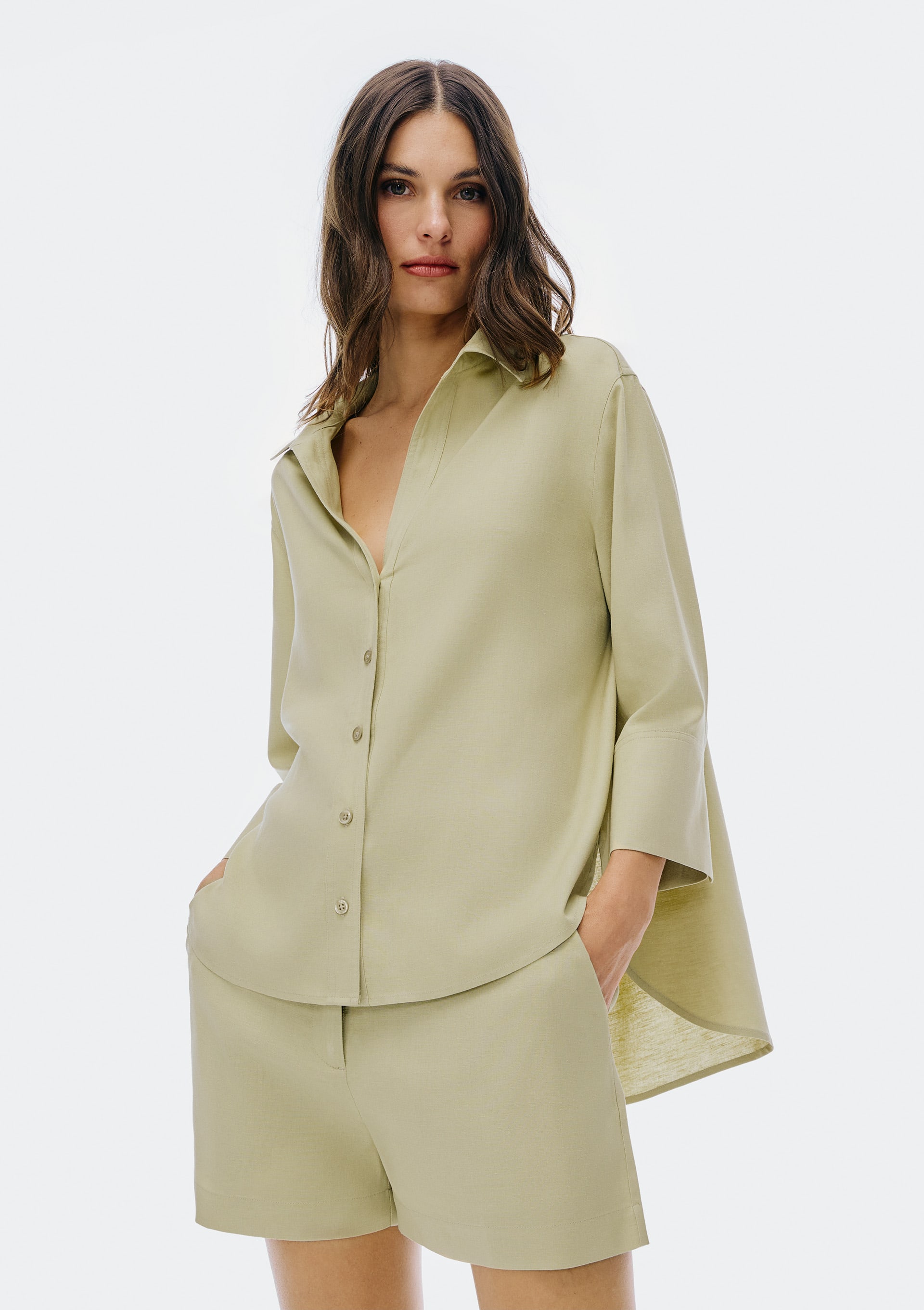 Camisa Feminina Manga 7/8 Com Linho - Verde