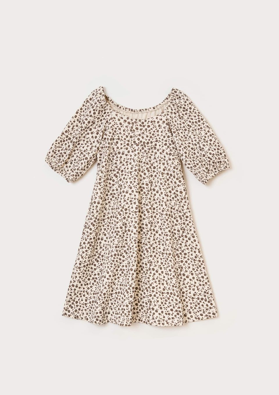 Vestido Infantil Estampado Manga Bufante - Marrom