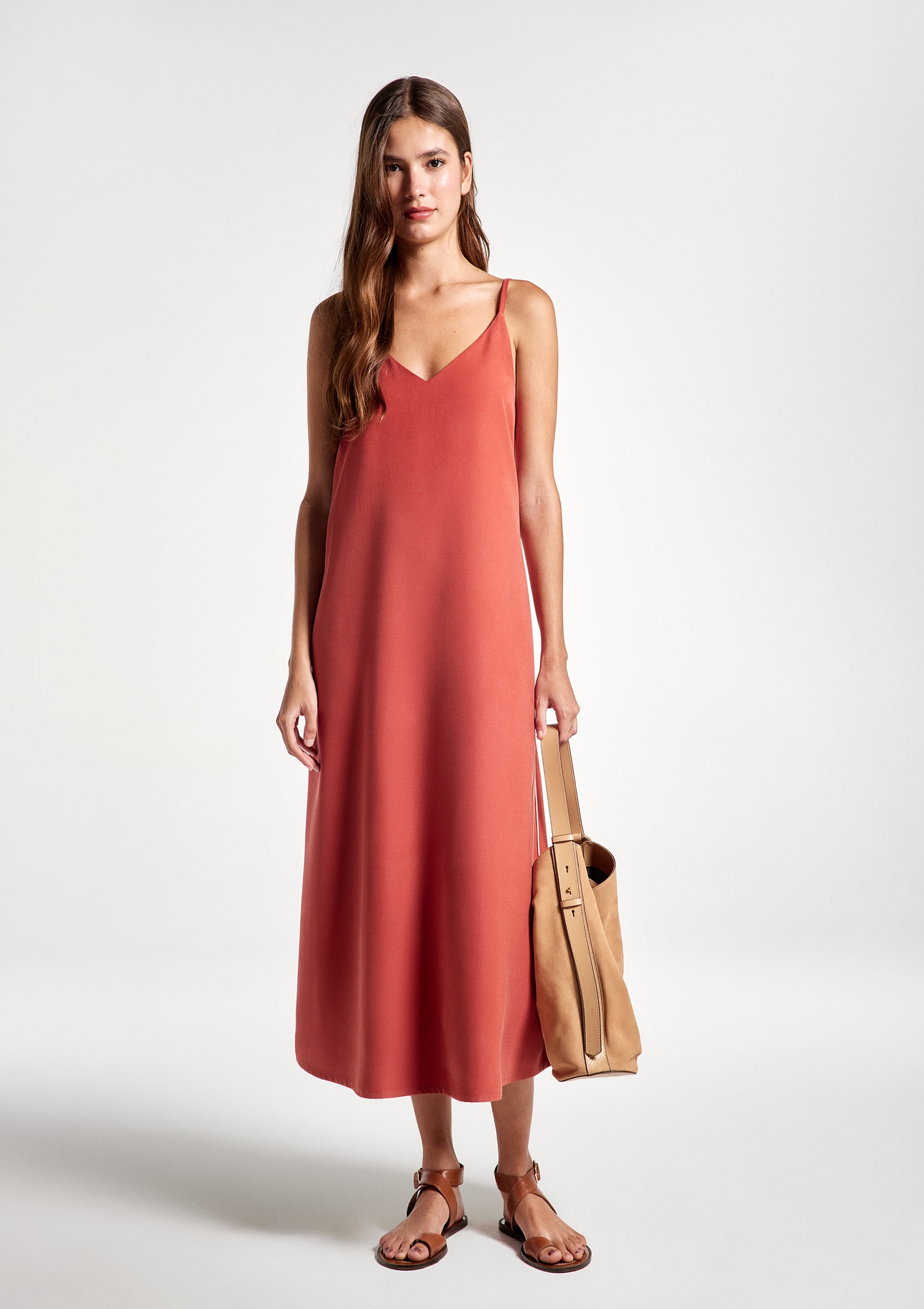 Vestido Midi Decote V Em Peach Touch - Vermelho