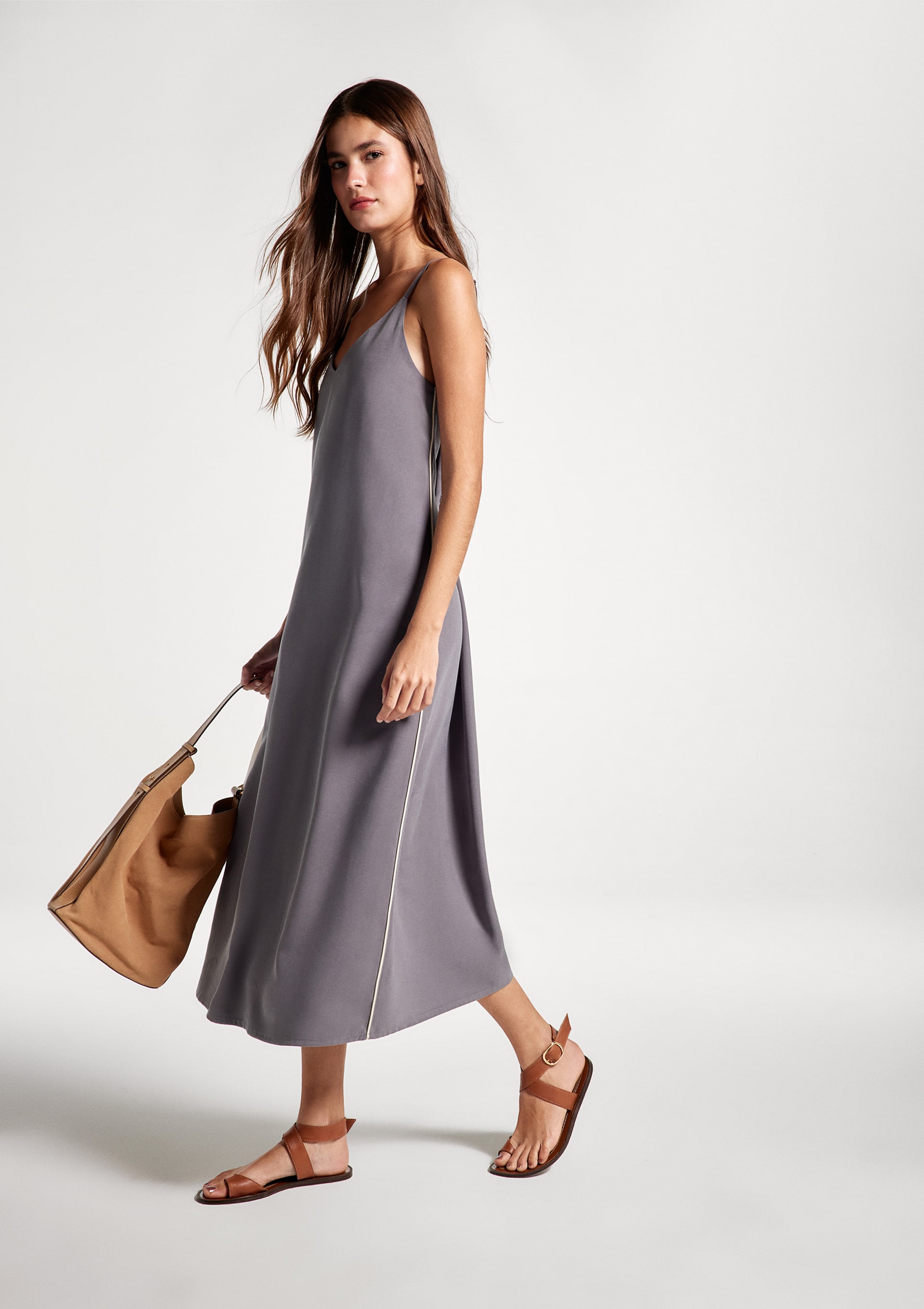 Vestido Midi Decote V Em Peach Touch - Cinza
