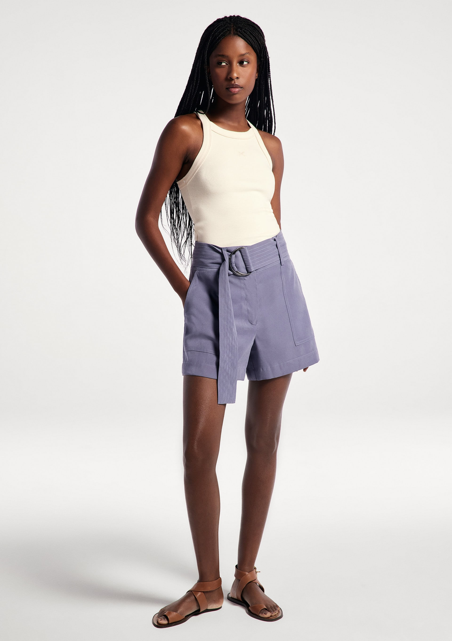 Shorts Feminino Com Cinto Peach Touch - Cinza