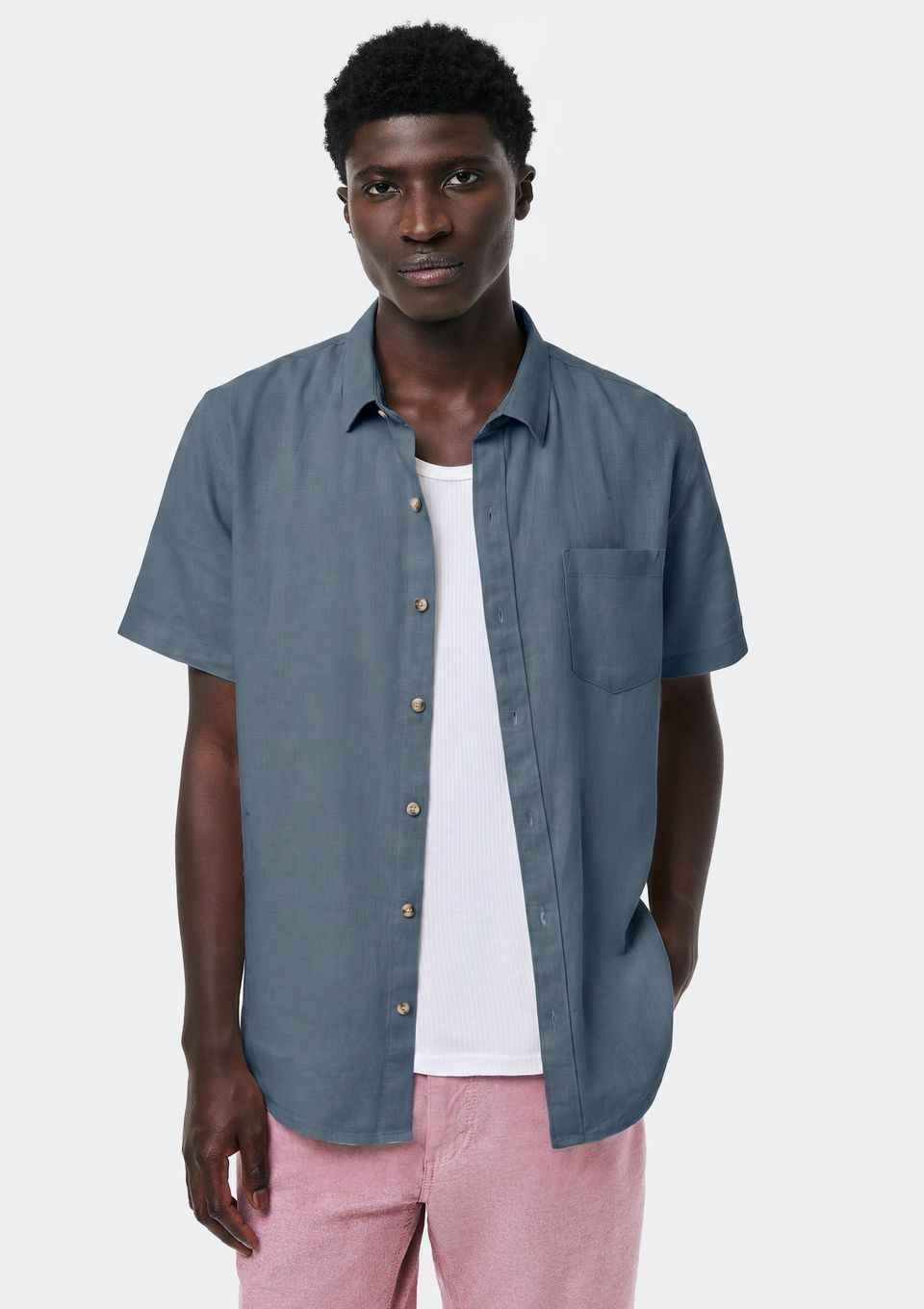 Camisa Básica Masculina Manga Curta em Linho - Azul