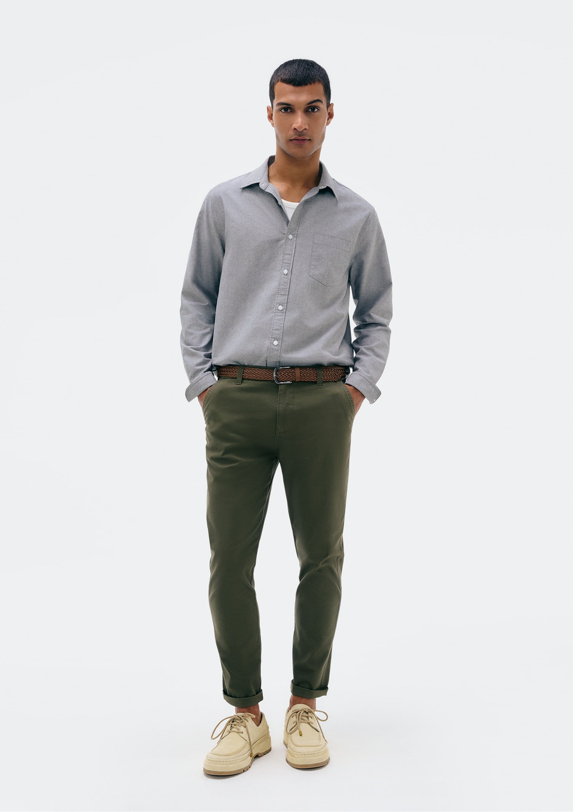 Calça Básica Masculina Chino Slim Em Sarja Com Elastano - Verde