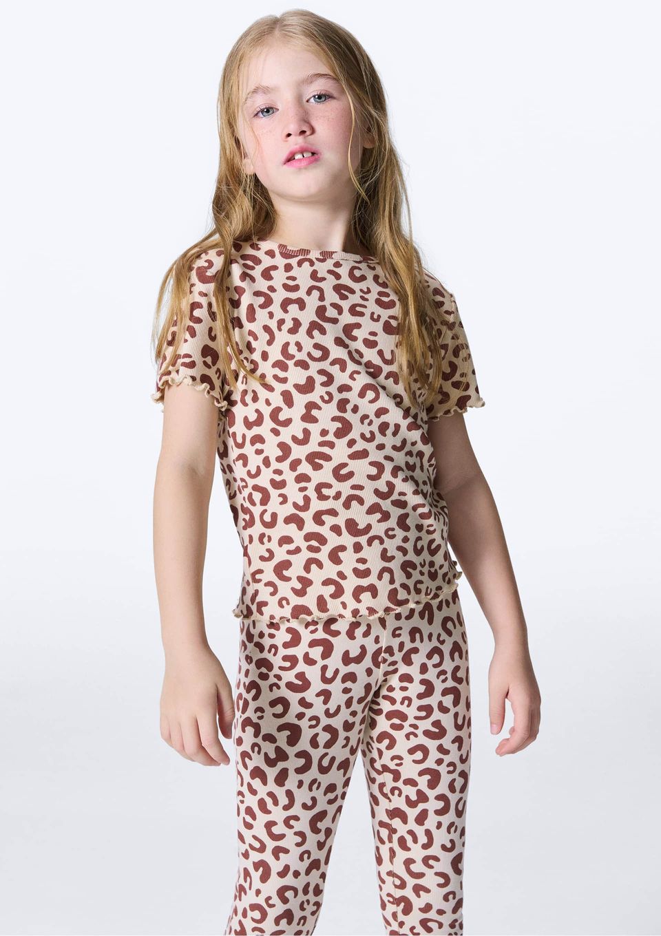 Blusa Infantil Menina Manga Curta em Ribana Estampada - Nude