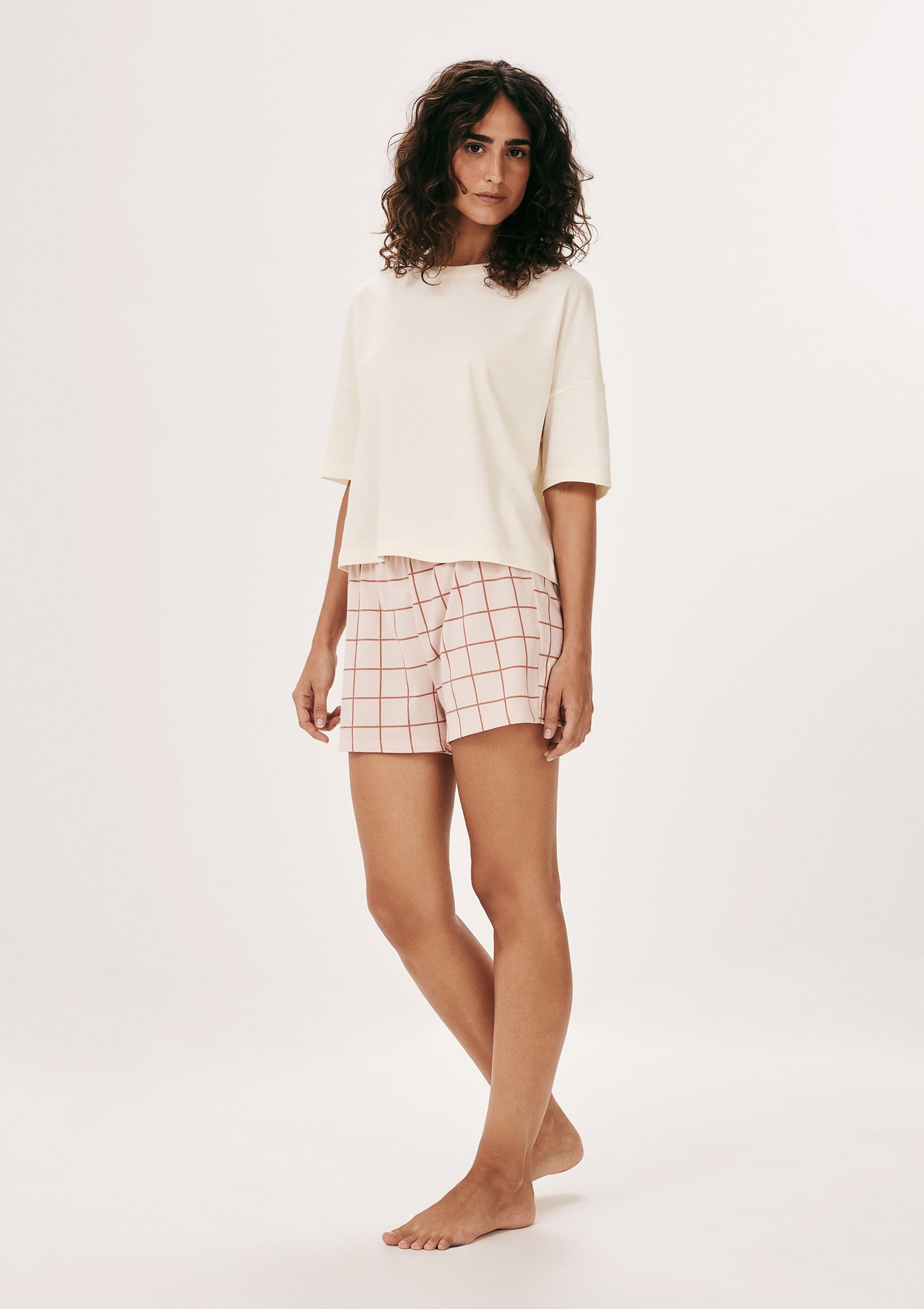 Pijama Curto Feminino Box Estampado - Bege