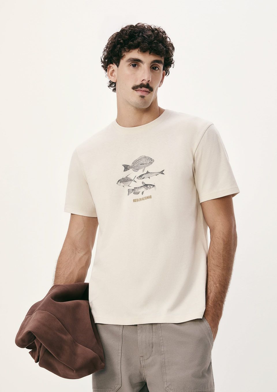 Camiseta Masculina Manga Curta com Estampa - Creme