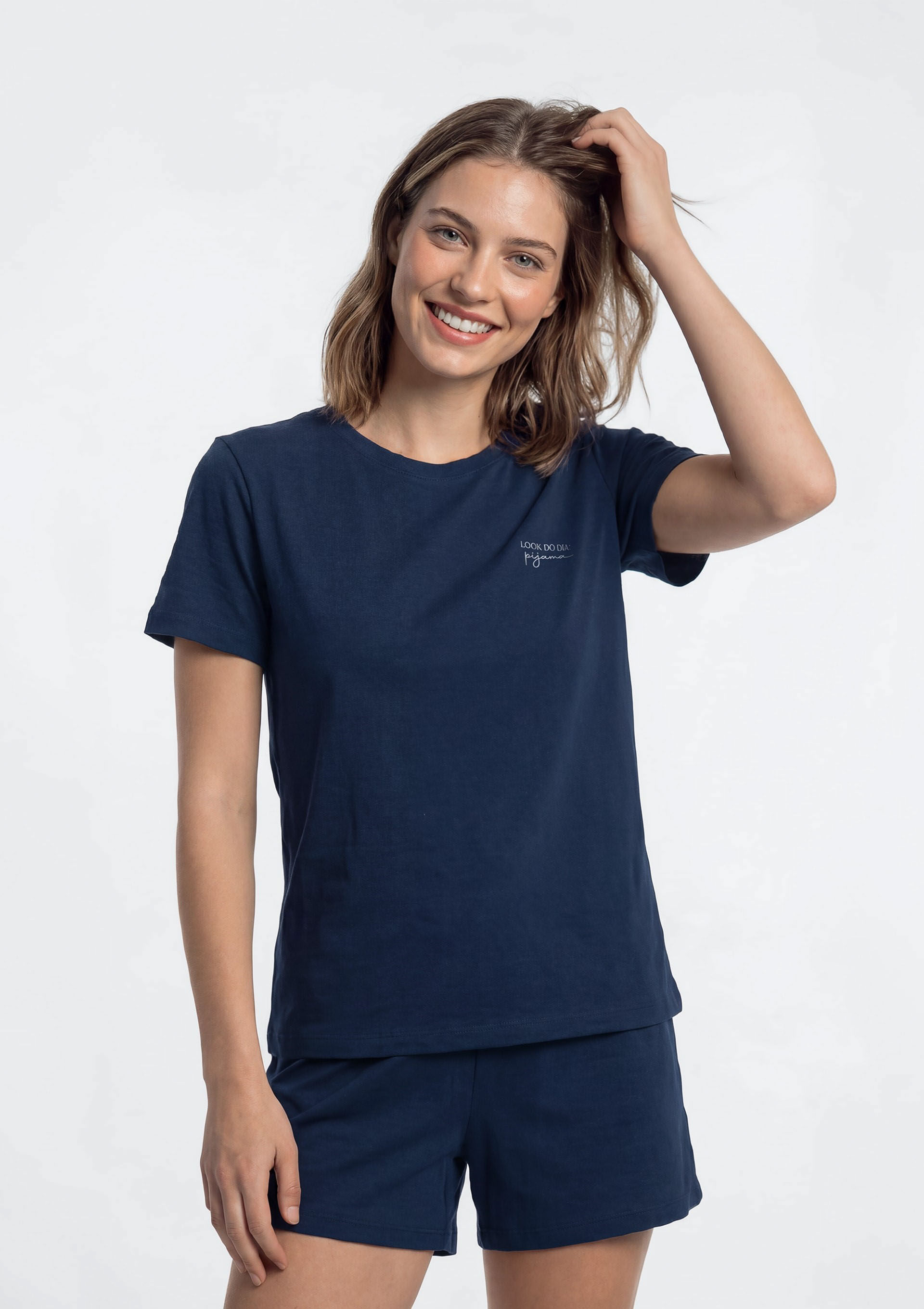 Pijama Curto Feminino Com Bordado - Azul