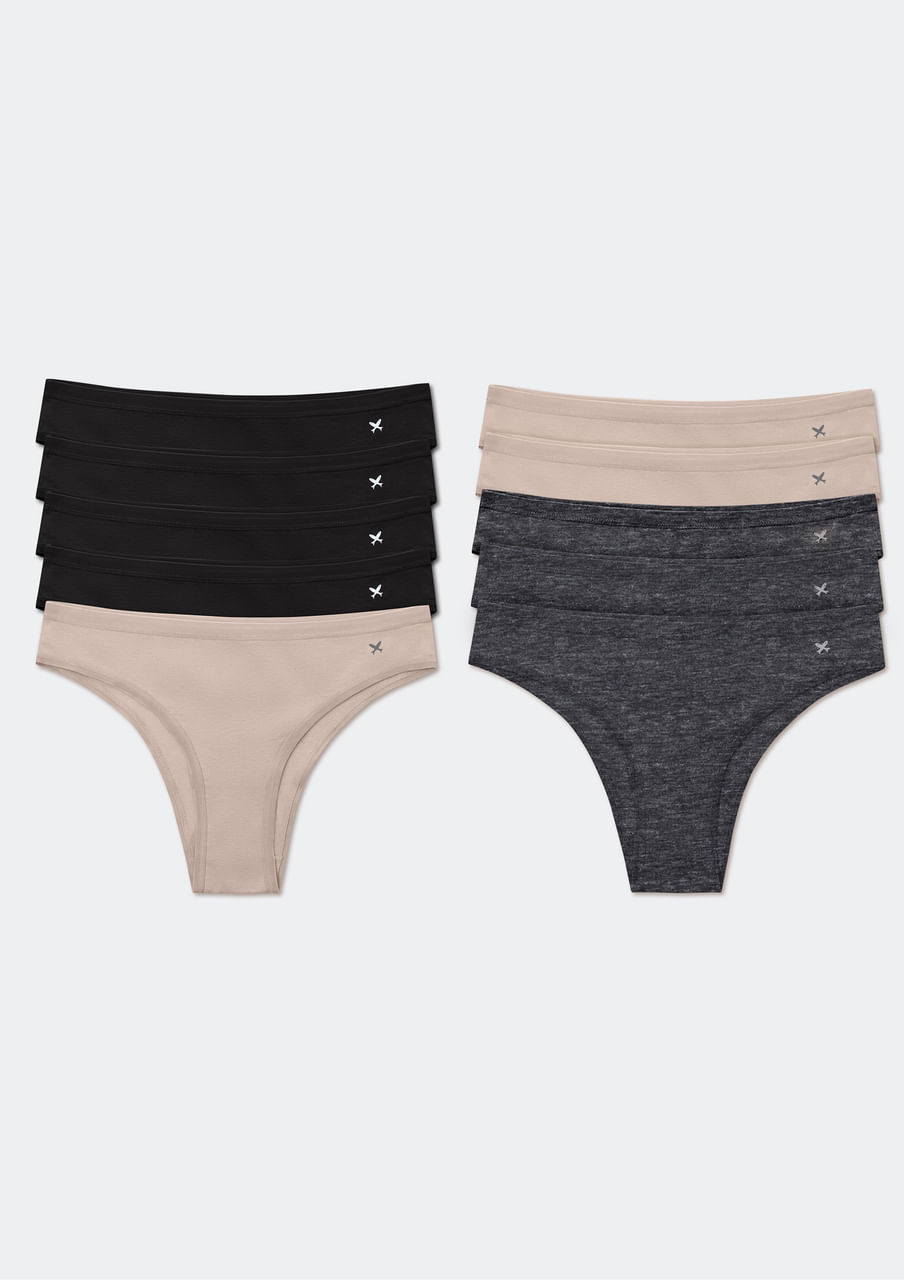 Kit 10 Calcinhas Básicas Tanga em Algodão - Multicolorido
