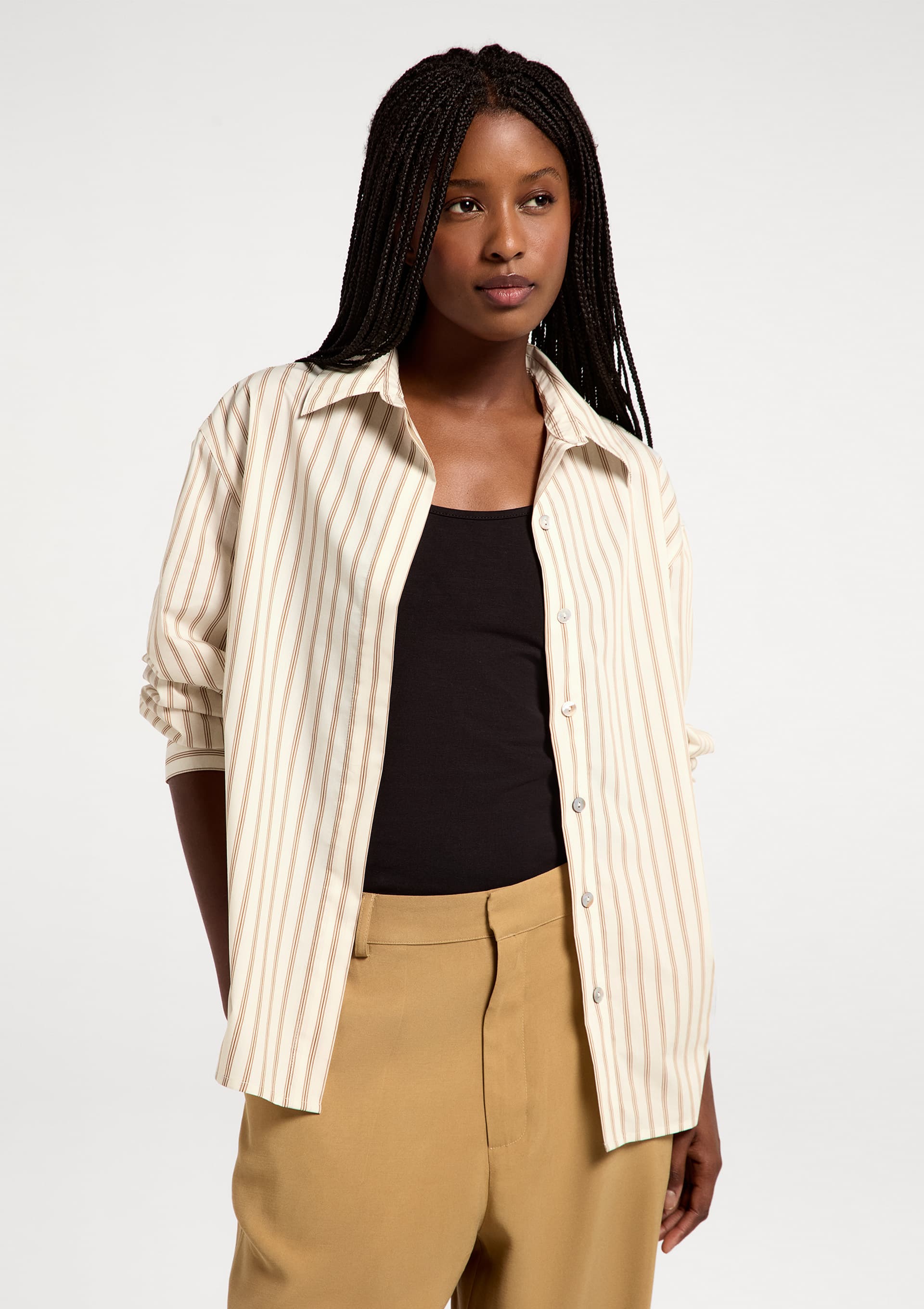 Camisa Feminina Manga Longa Em Tricoline - Marrom