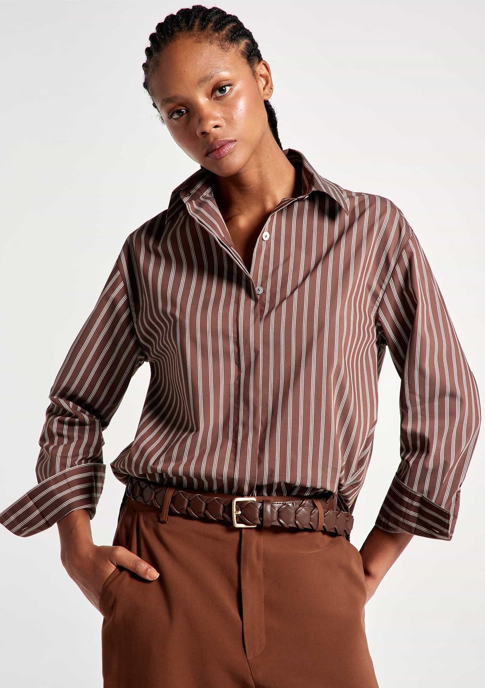 Camisa Feminina Manga Longa em Tricoline - Marrom