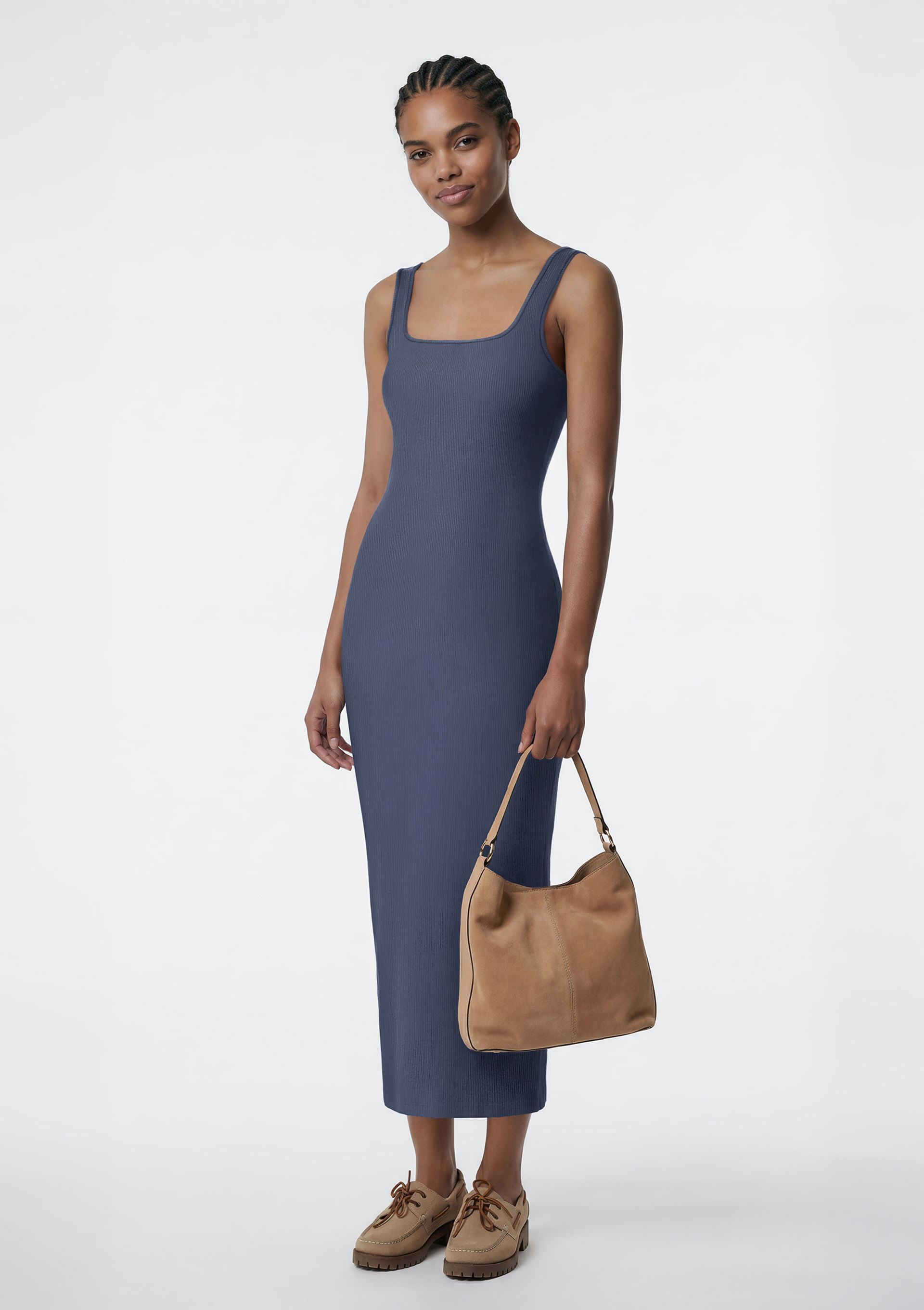 Vestido Midi Em Ribana Canelada - Azul