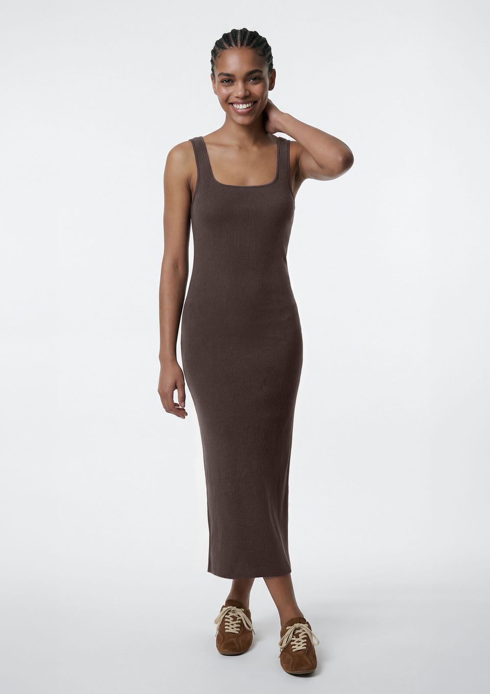 Vestido Midi em Ribana Canelada - Marrom