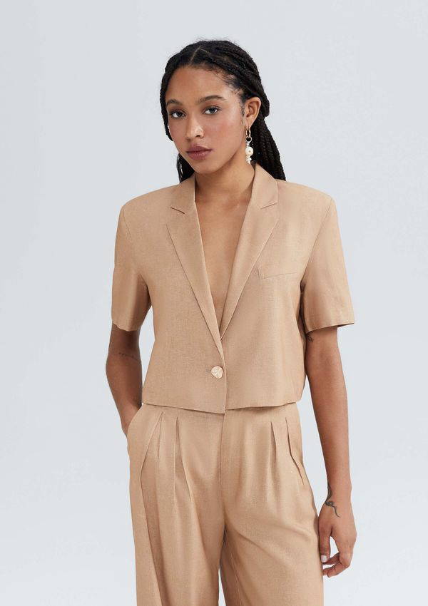 Blazer Feminino Cropped Manga Curta Com Linho - Bege M