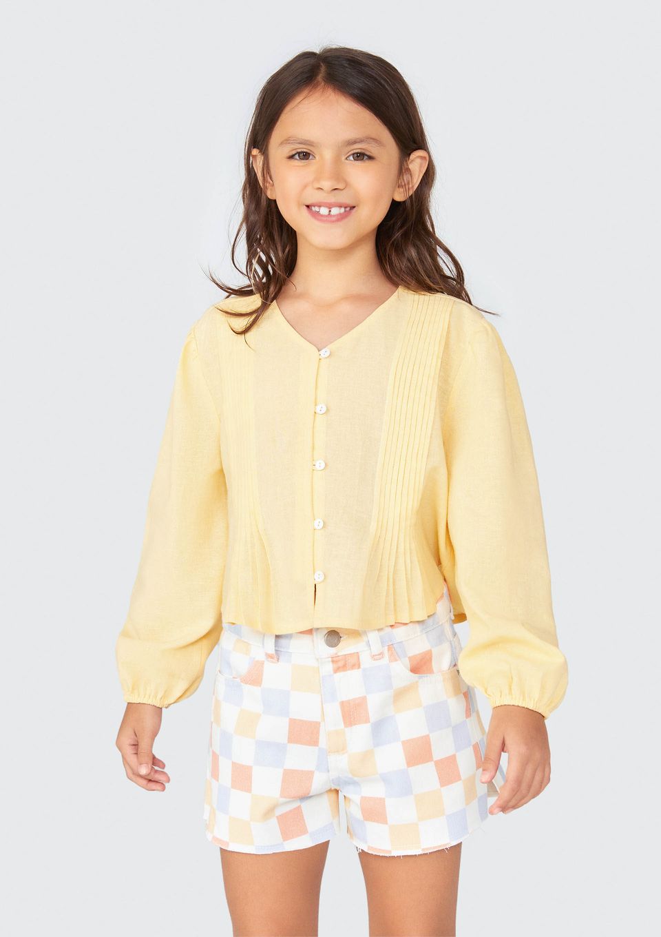Blusa Infantil Menina Manga Longa com Linho - Amarelo