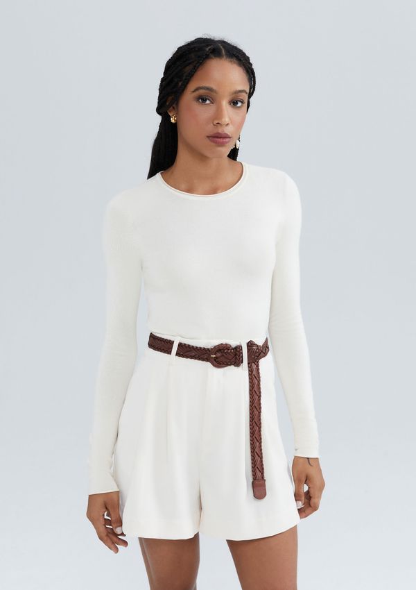 Blusa Feminina Manga Longa Slim Em Tricô Leve - Creme M