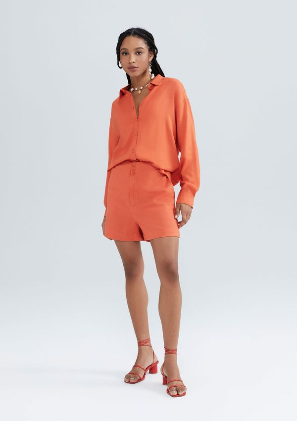 Shorts Feminino Cintura Alta Em Alfaiataria Em Viscolinho - Laranja 038