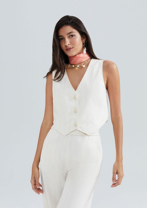 Colete Feminino Decote V Com Linho - Off white M