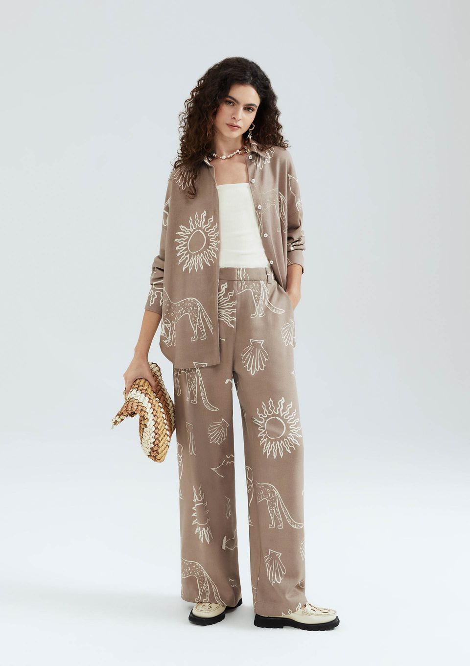 Calça Feminina Reta Cintura Alta Estampada - Marrom