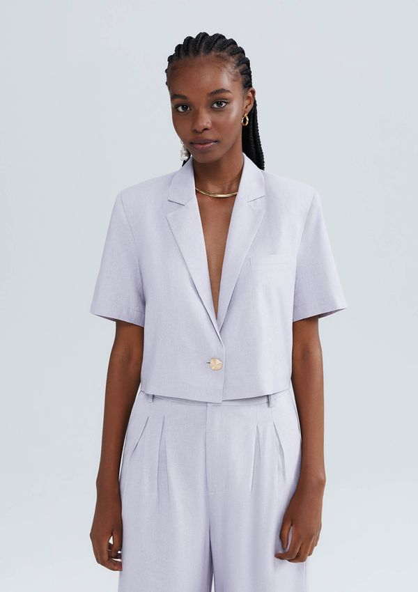 Blazer Feminino Cropped Manga Curta Com Linho - Lilás XG