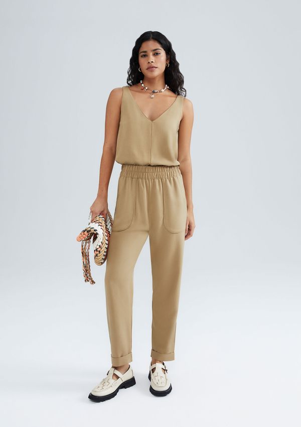 Calça Feminina Carrot Cintura Alta Em Viscose Creponada - Caqui G