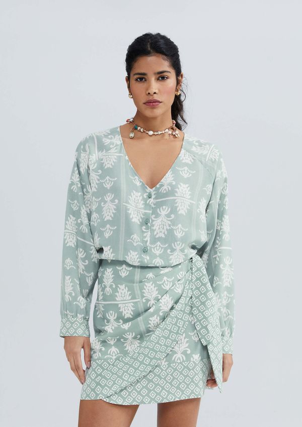 Blusa Feminina Manga Longa Estampada Em Viscolinho - Verde XG
