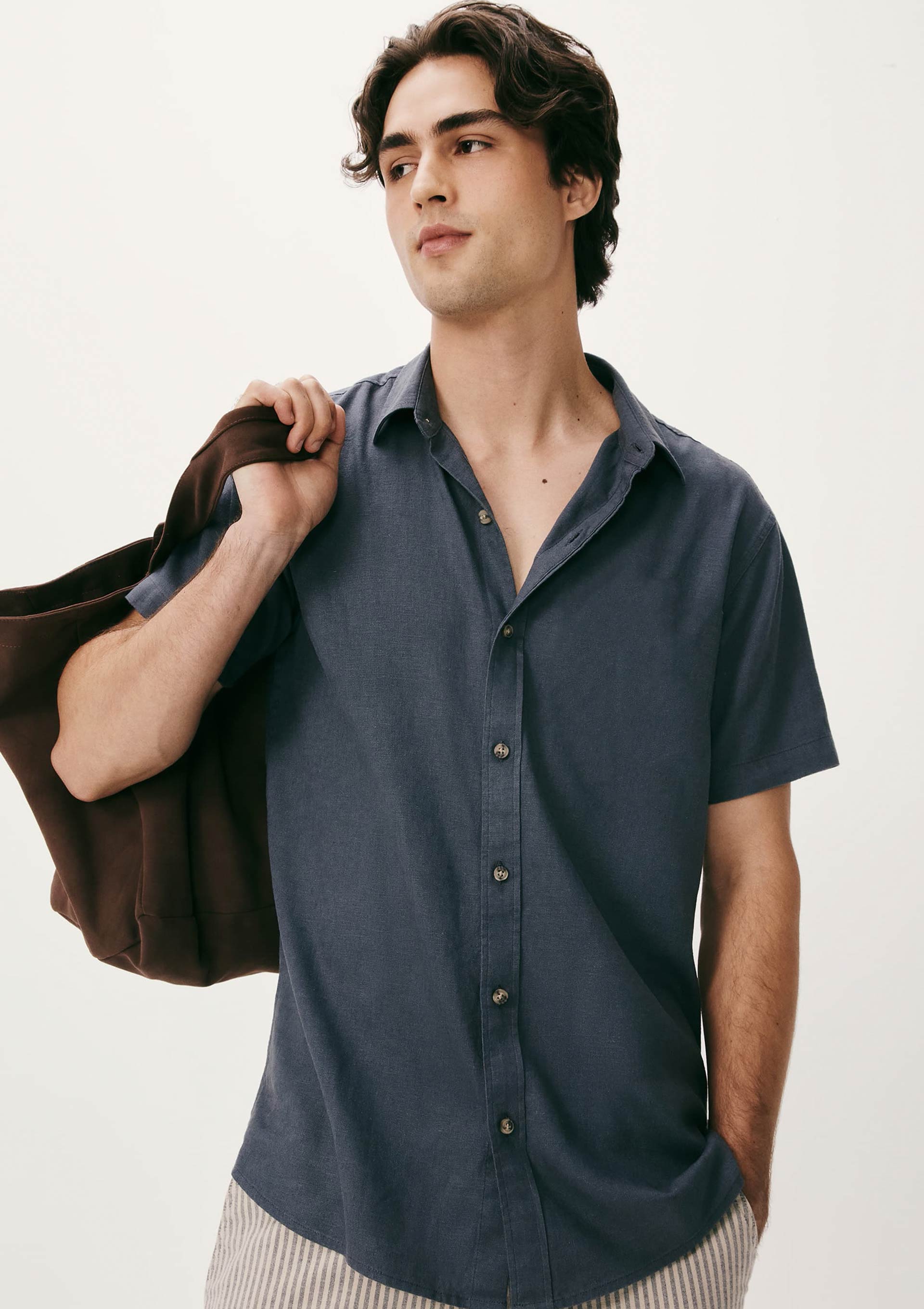 Camisa Masculina Manga Curta Slim Com Linho - Azul