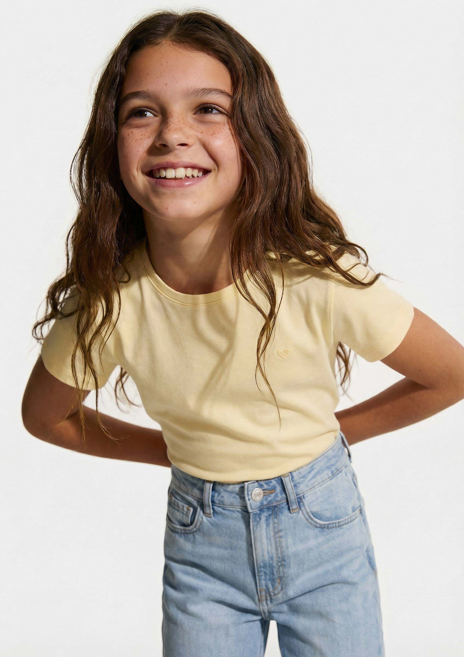 Blusa Básica Infantil Menina Manga Curta Slim Com Bordado Coração - Amarelo