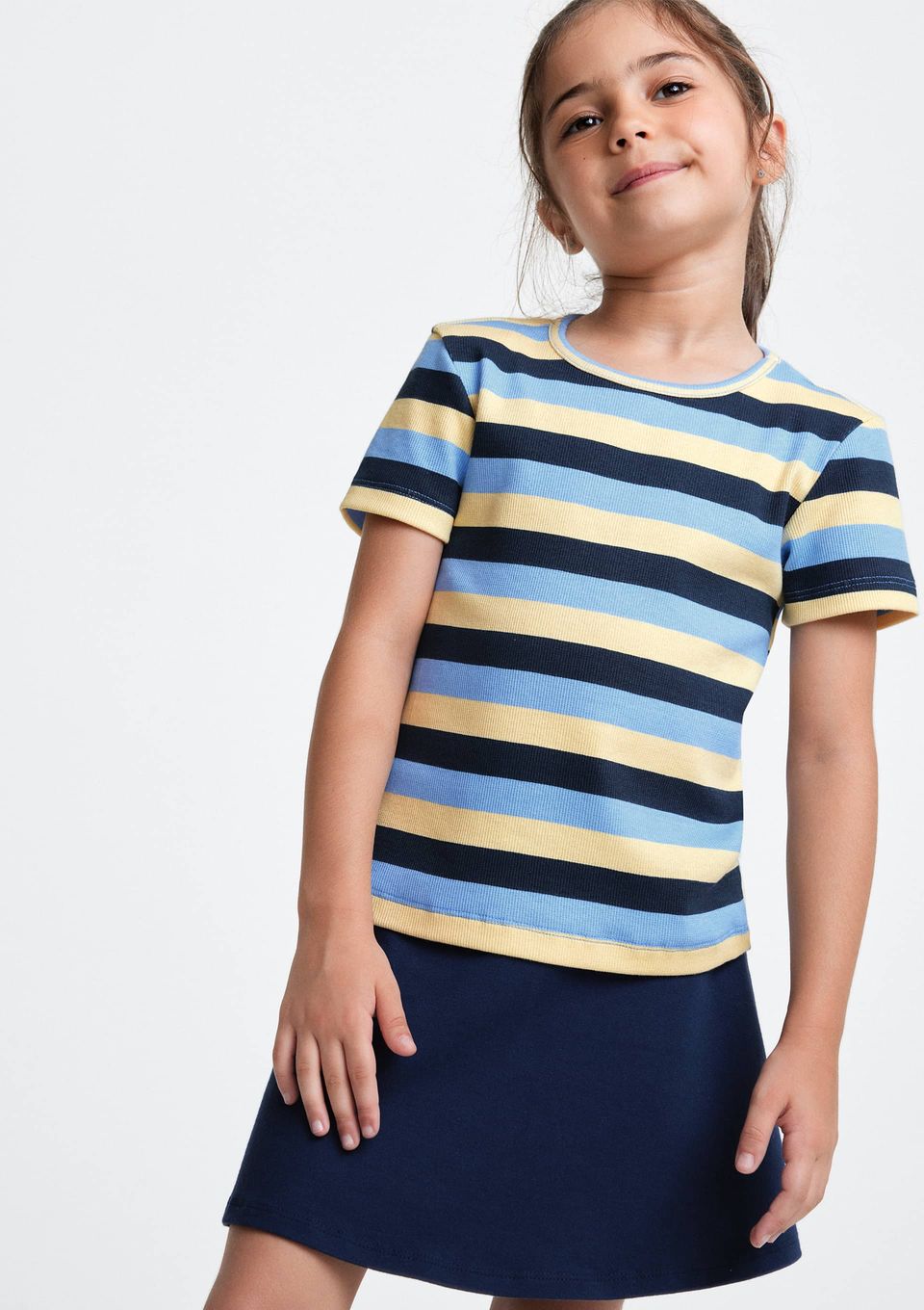 Blusa Infantil Menina Manga Curta em Ribana Estampada - Azul
