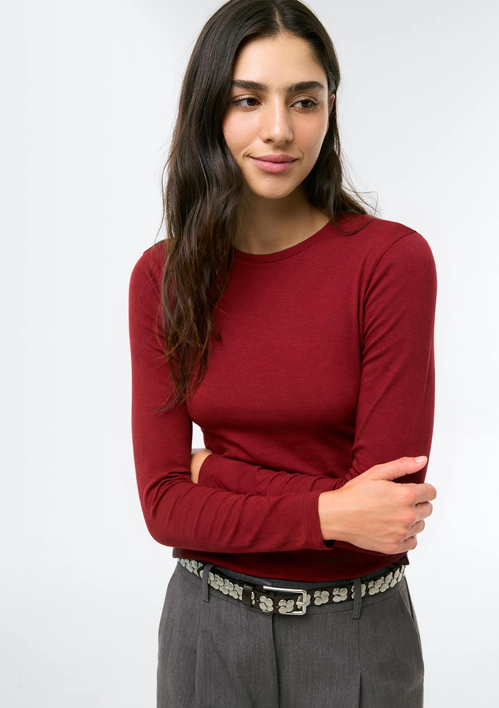 Blusa Básica Feminina Manga Longa Slim - Vinho