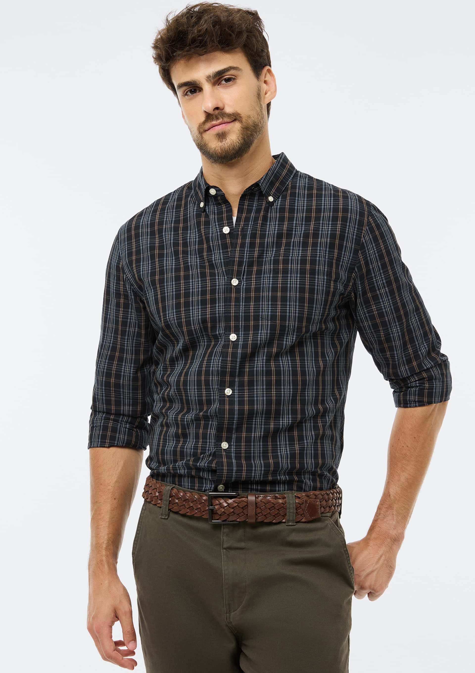 Camisa Básica Masculina Manga Longa Slim Xadrez - Azul