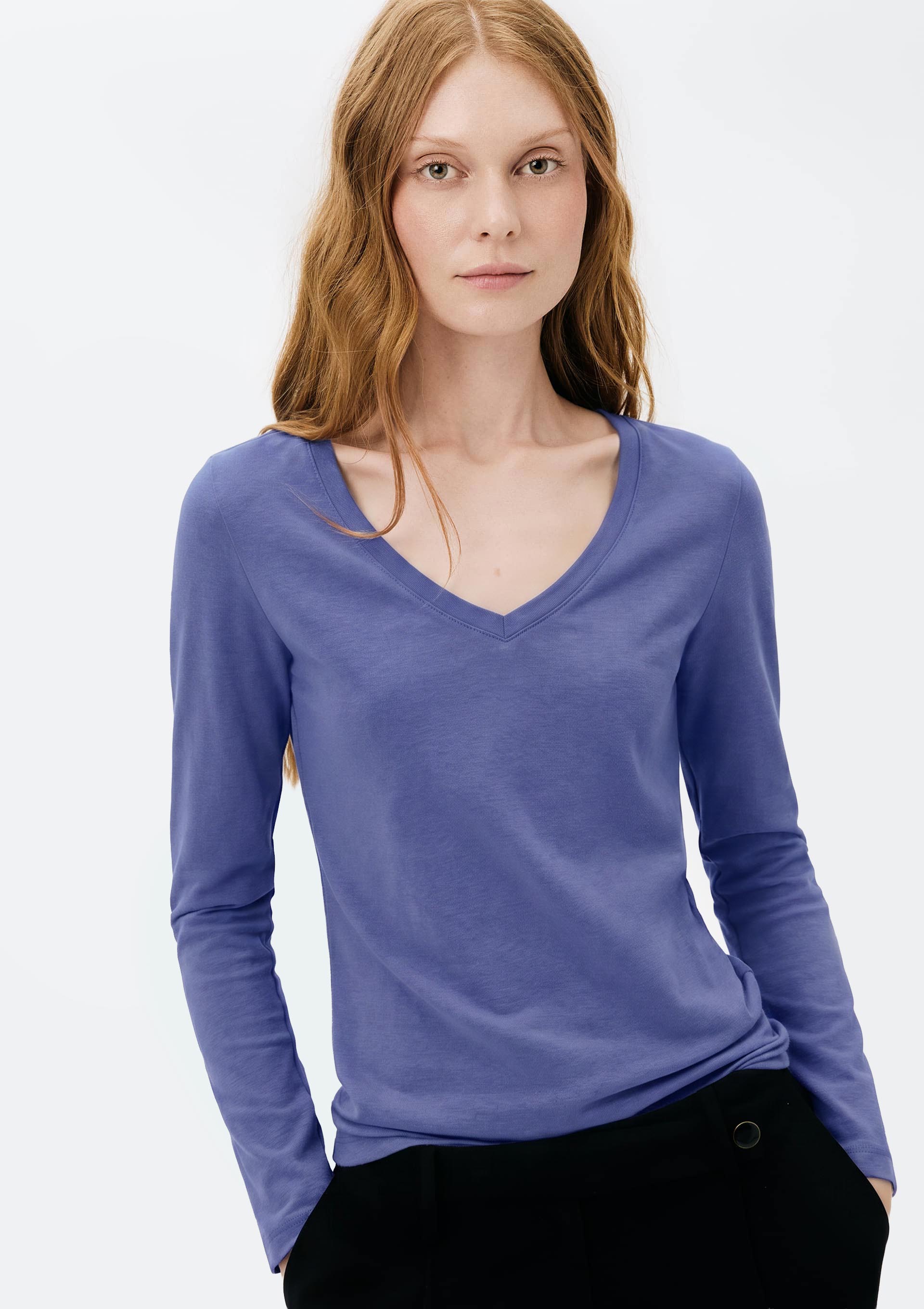 Blusa Básica Feminina Manga Longa Slim Decote V - Azul
