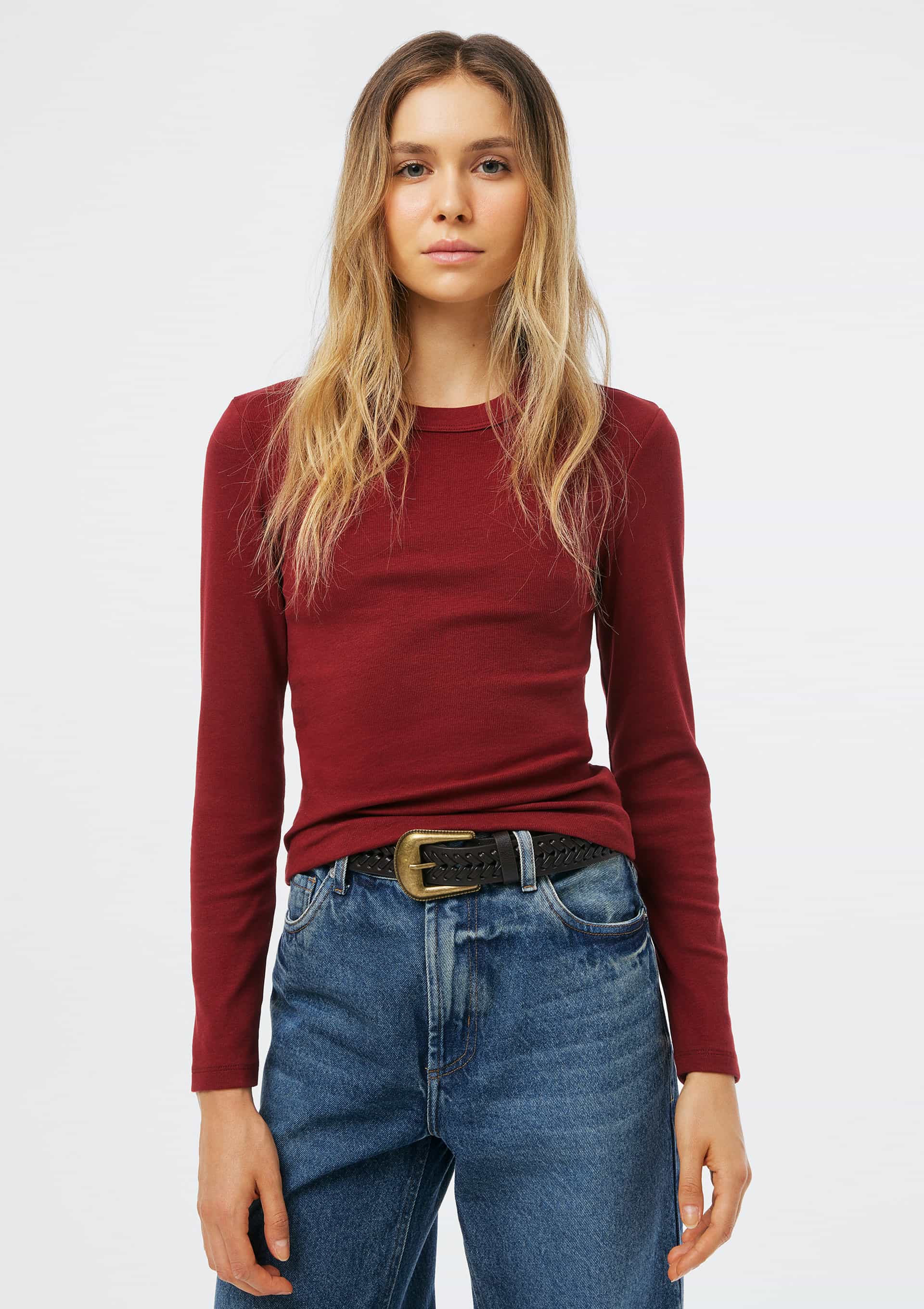 Blusa Feminina Manga Longa Slim Em Ribana - Vermelho