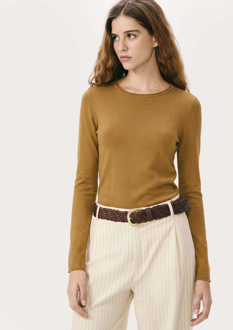 Blusa Feminina Manga Longa Slim em Tricô Leve - Marrom
