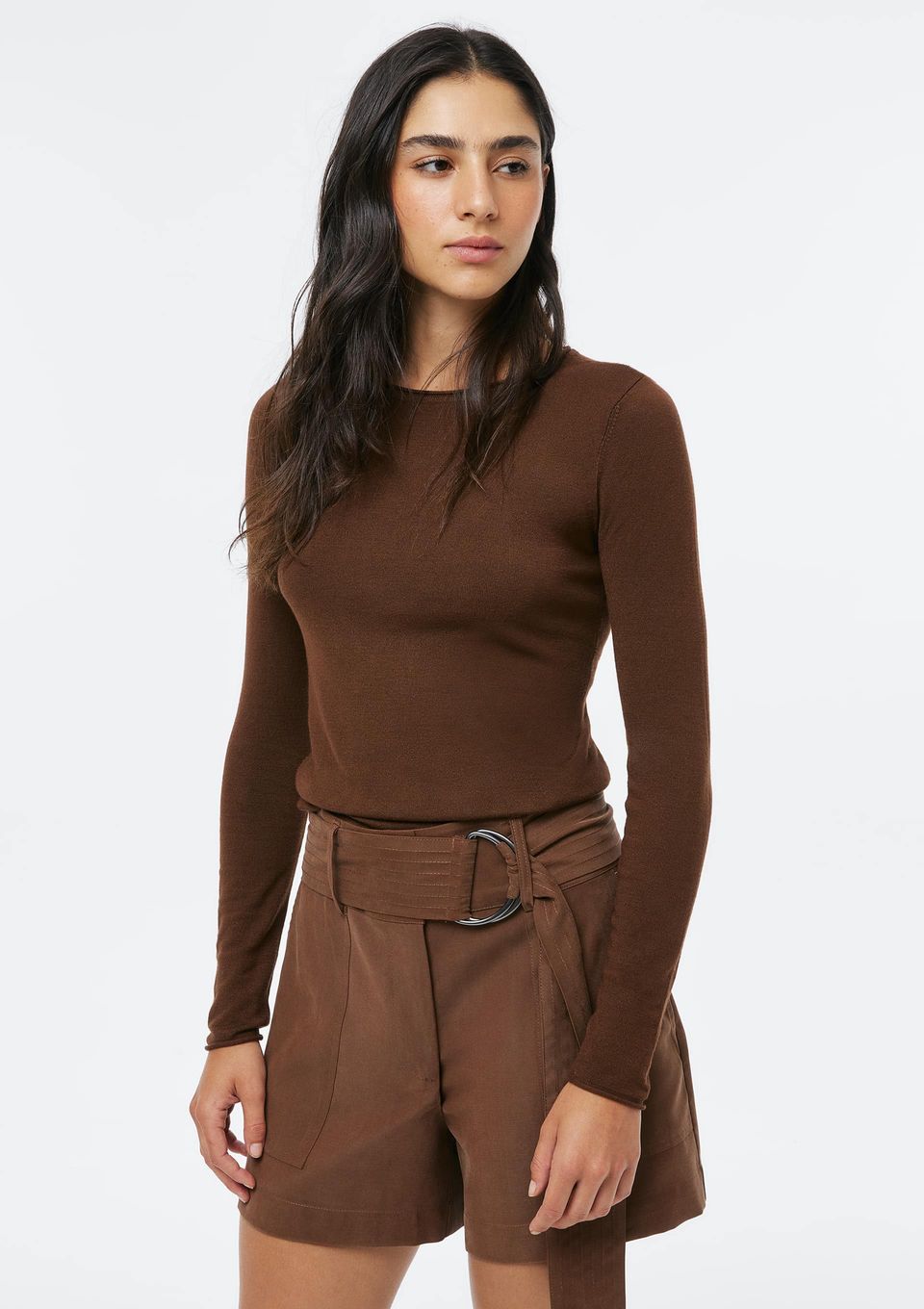 Blusa Feminina Manga Longa Slim em Tricô Leve - Marrom