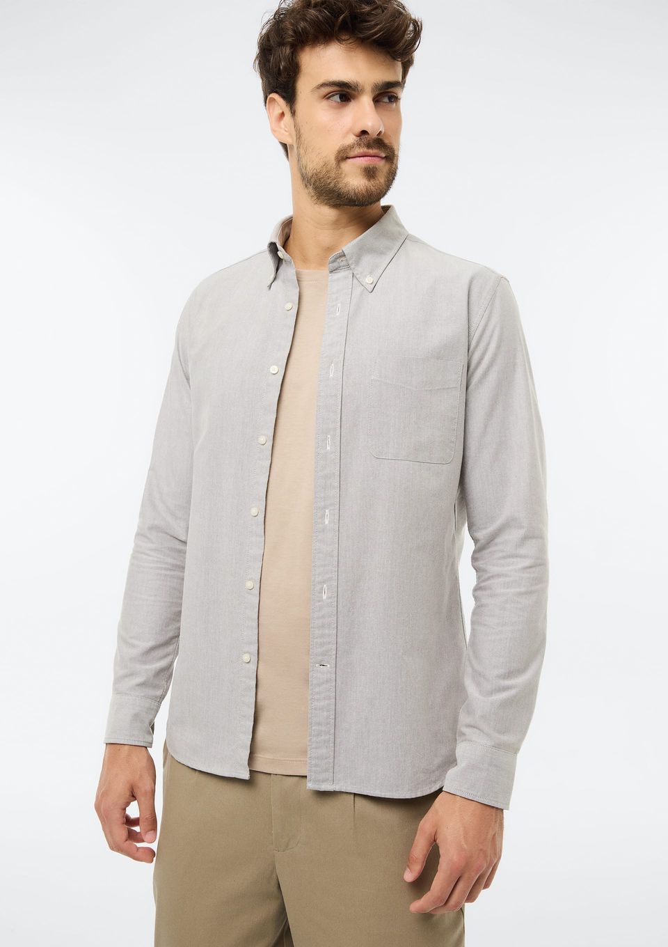 Camisa Masculina Oxford Manga Longa - Cinza
