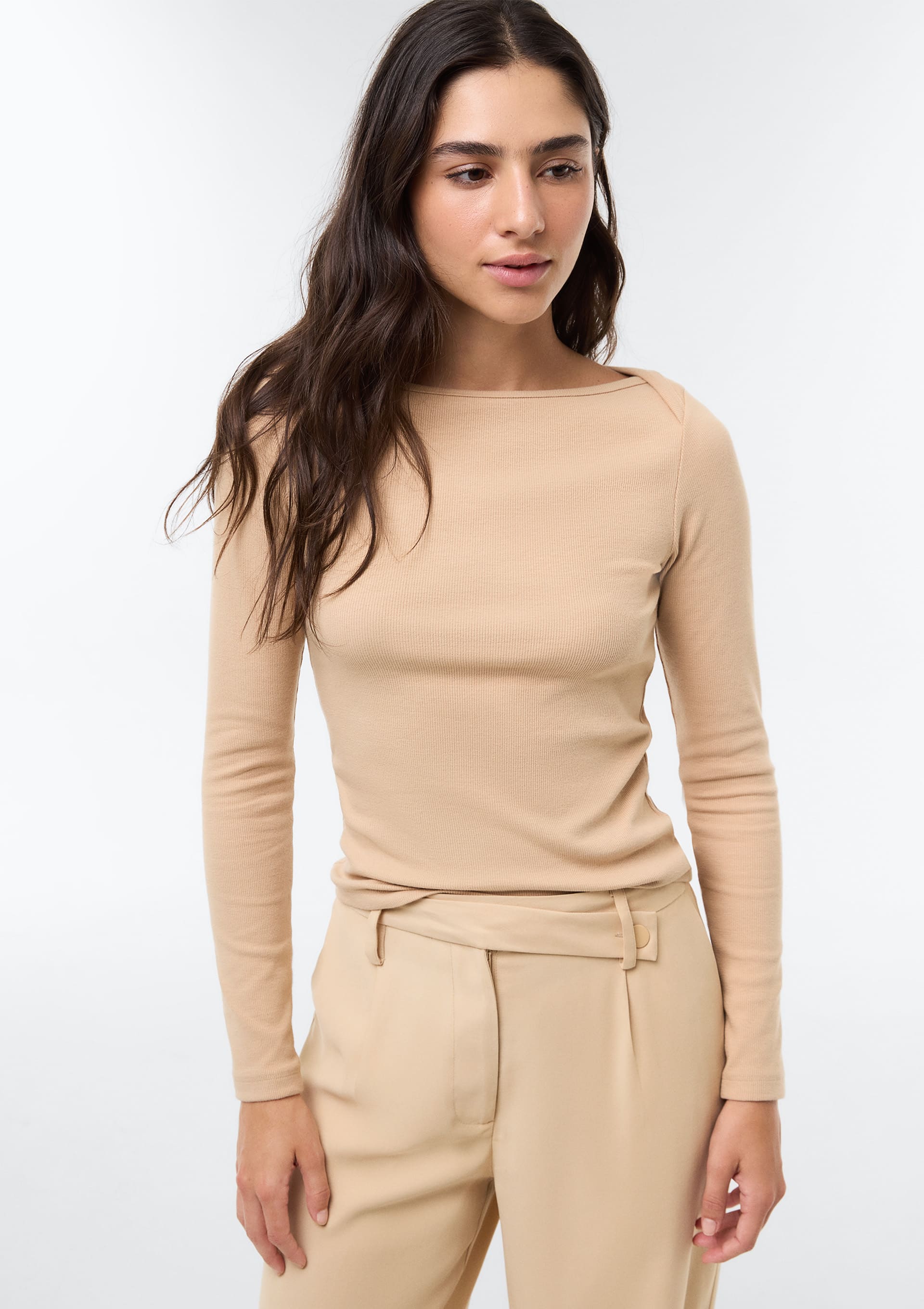 Blusa Feminina Manga Longa Com Elastano - Bege