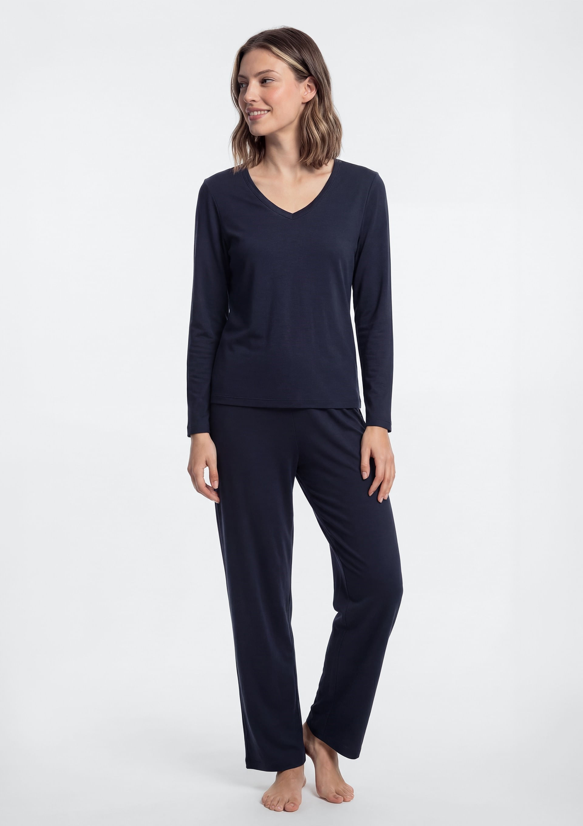 Pijama Feminino Longo Em Algodão - Azul